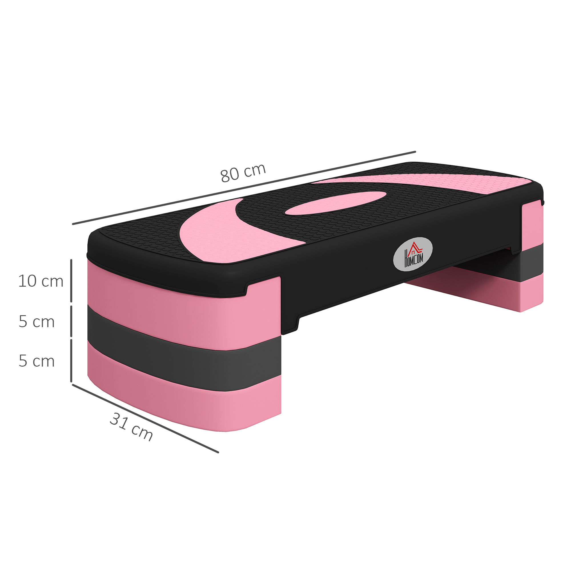 Plataforma de step rosa y negra para ejercicio, con dimensiones etiquetadas. La parte superior es negra con detalles rosas. El lateral es rosa.
