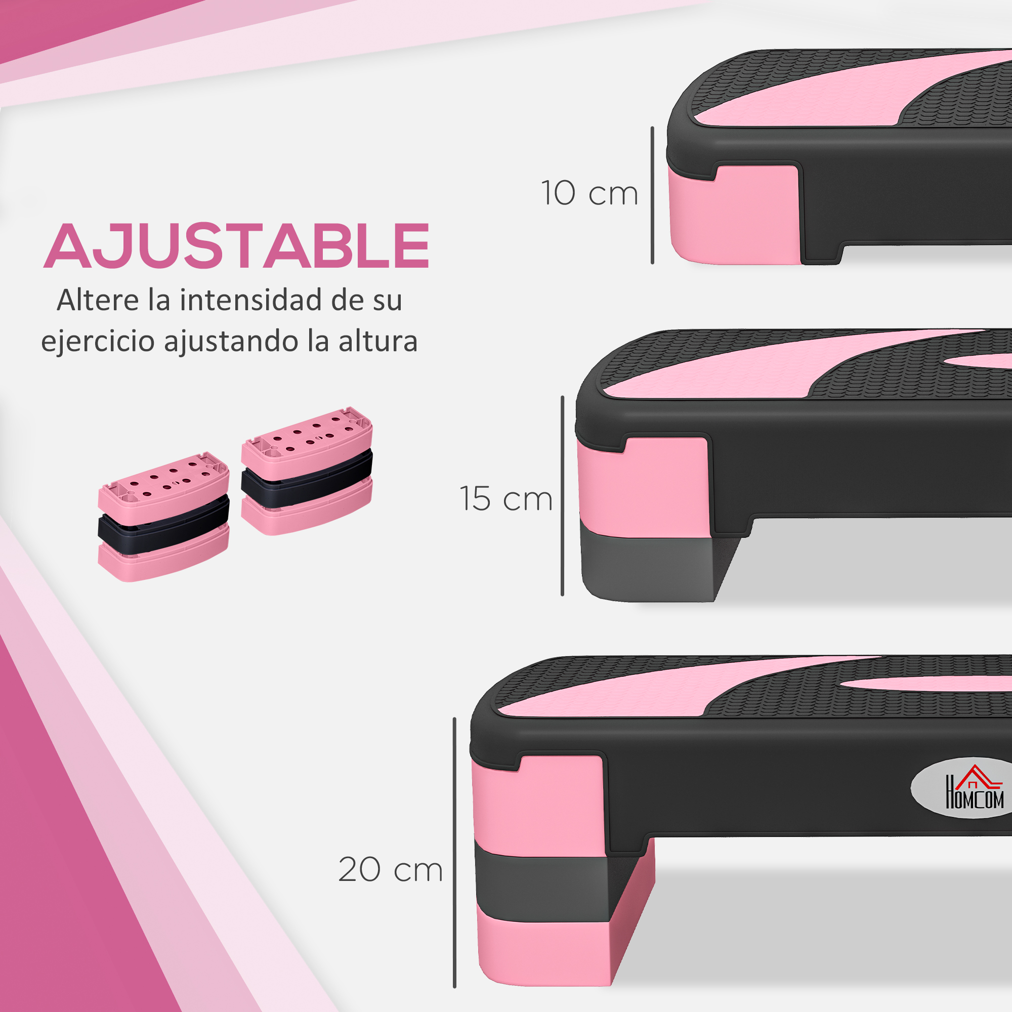 Una plataforma de step ajustable en negro y rosa, con opciones de altura de 10, 15 y 20 cm. Texto: 'AJUSTABLE' y el logo 'HOMCOM'.