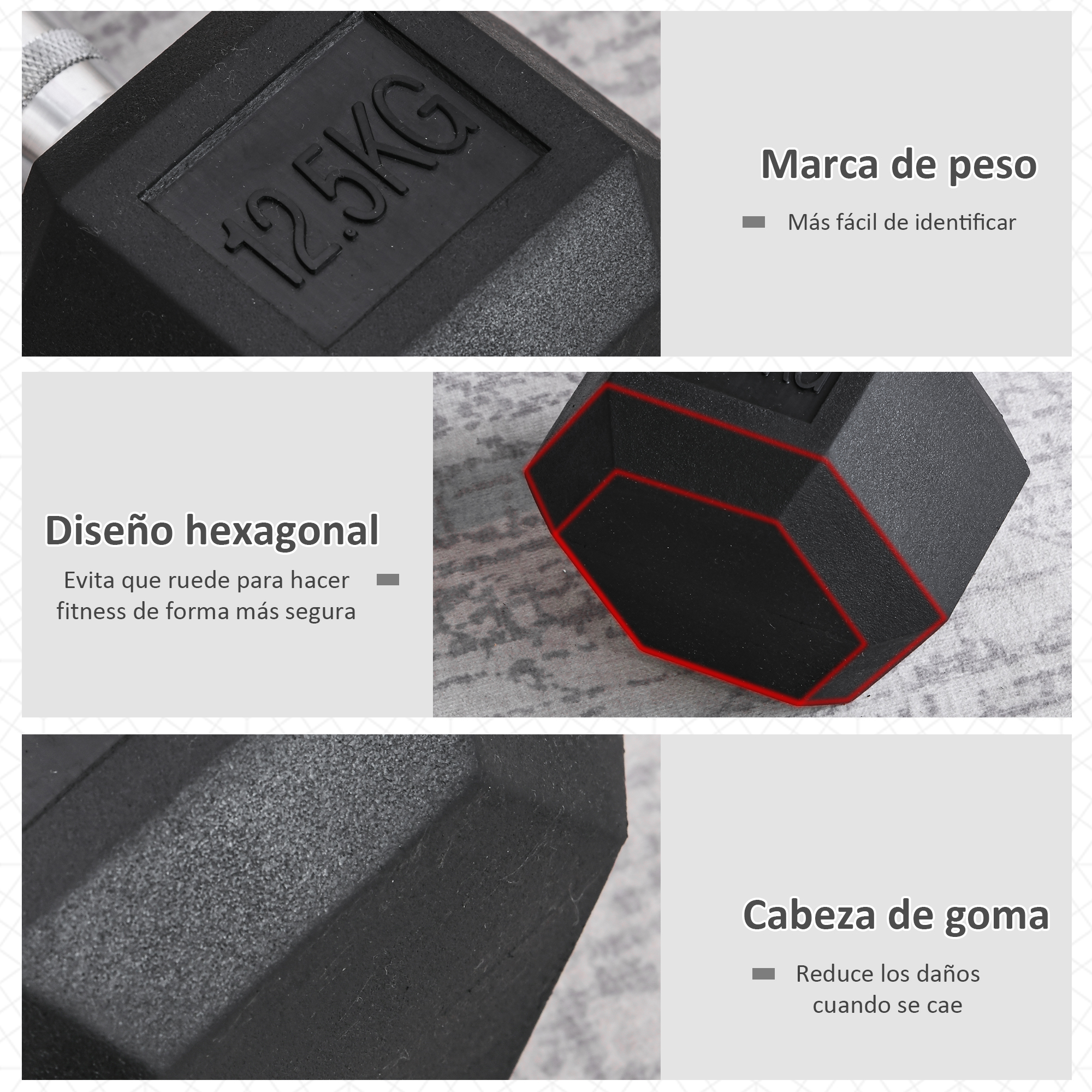 Primer plano de una mancuerna negra que muestra el peso. Tiene un diseño hexagonal y cabeza de goma. El texto indica el peso y los beneficios.
