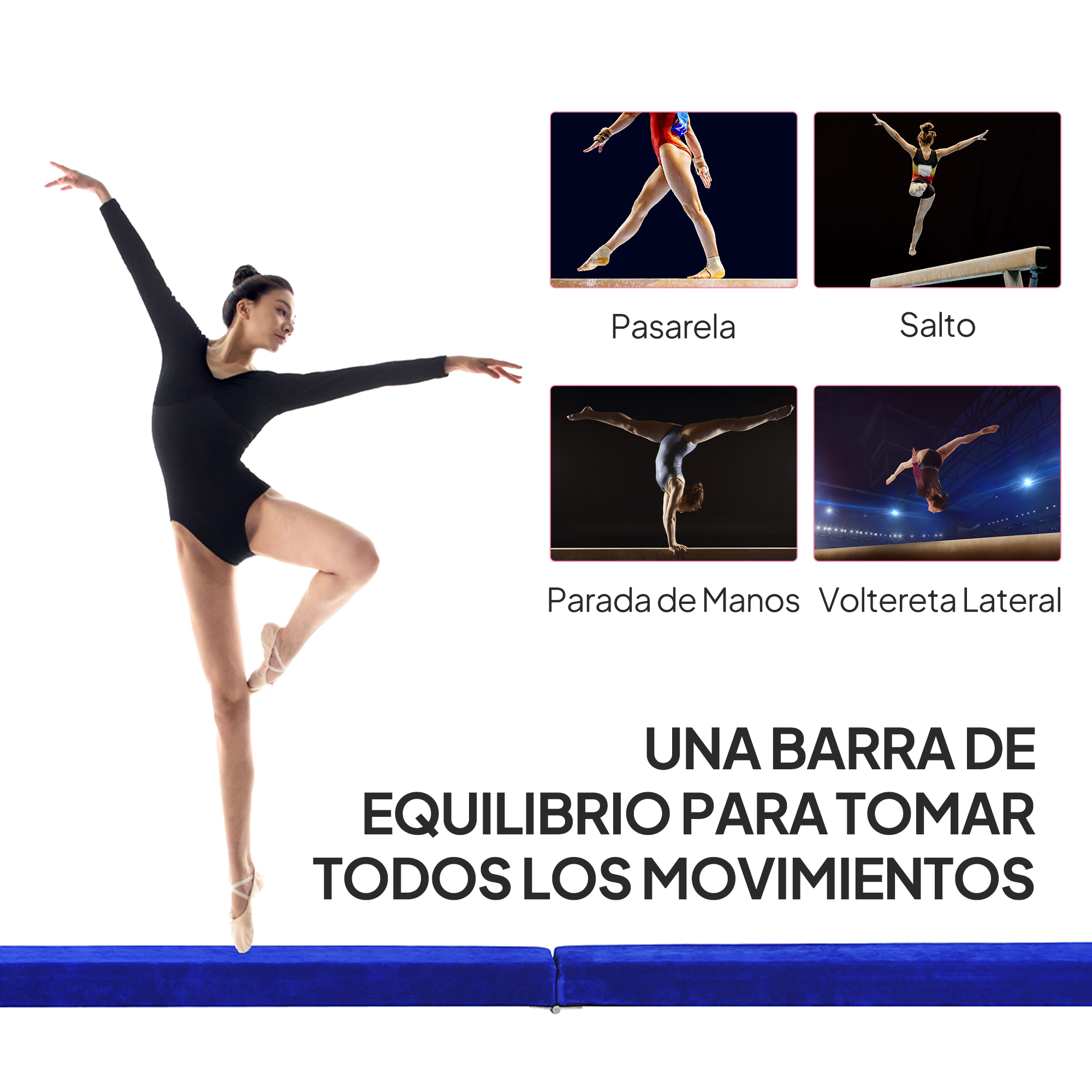 Una gimnasta con un maillot negro se equilibra en una barra azul. Otras imágenes muestran gimnastas en barras de equilibrio.
