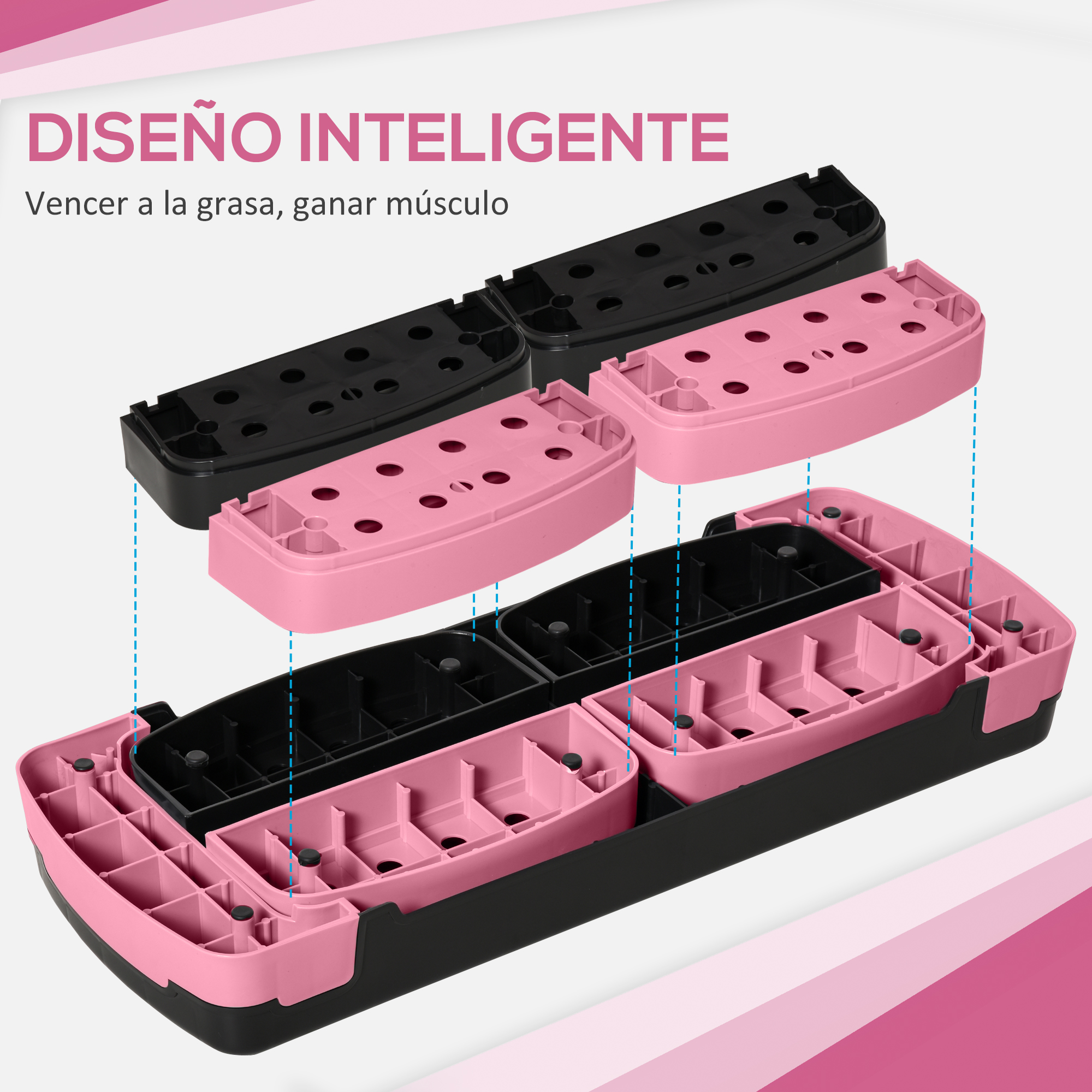 Las plataformas de escalón rosas y negras se muestran en una vista explosionada. El texto dice: 'Diseño inteligente. Vencer la grasa, ganar músculo'.