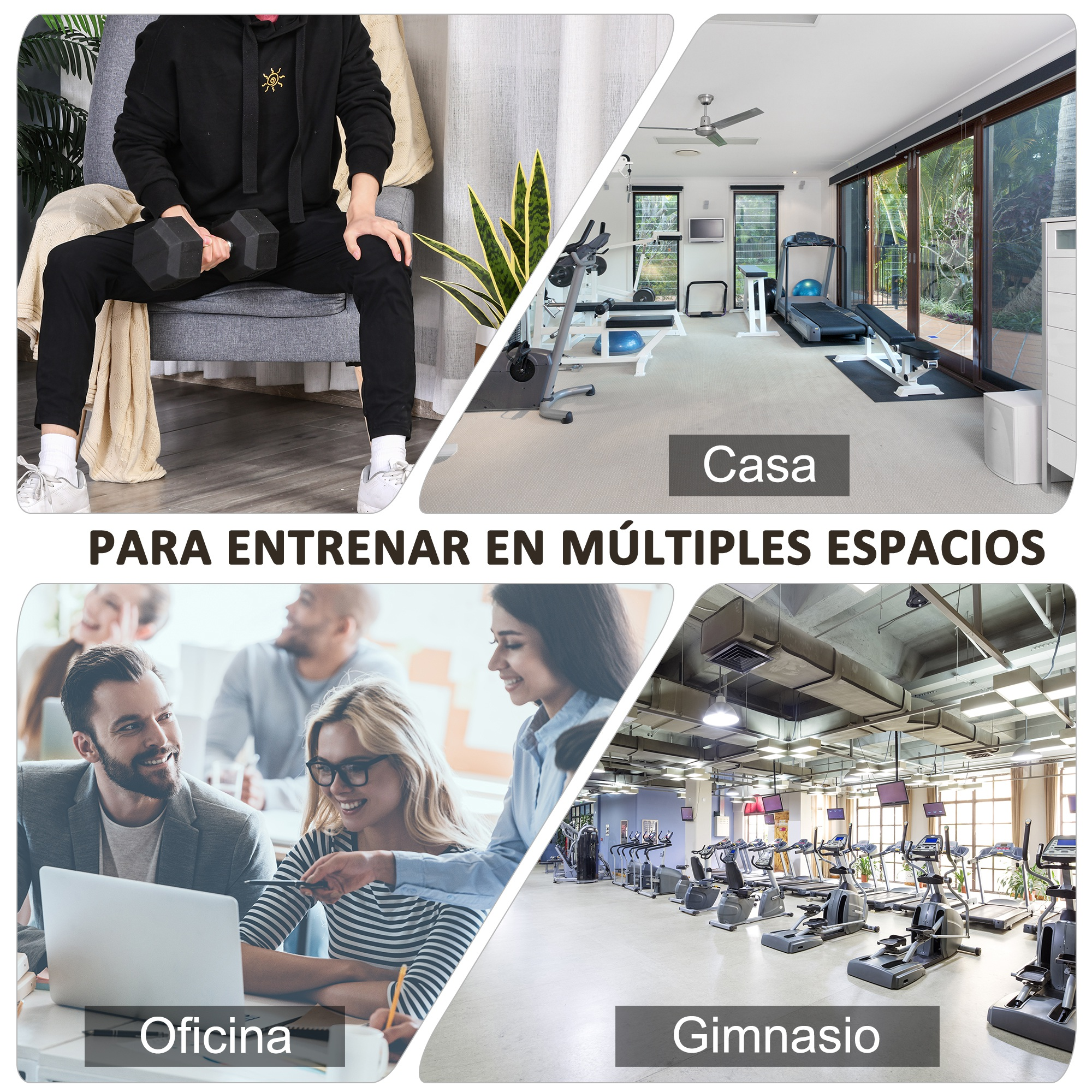 La imagen muestra a una persona haciendo ejercicio con una mancuerna, más imágenes de un gimnasio, gimnasio en casa y entorno de oficina, con superposición de texto.