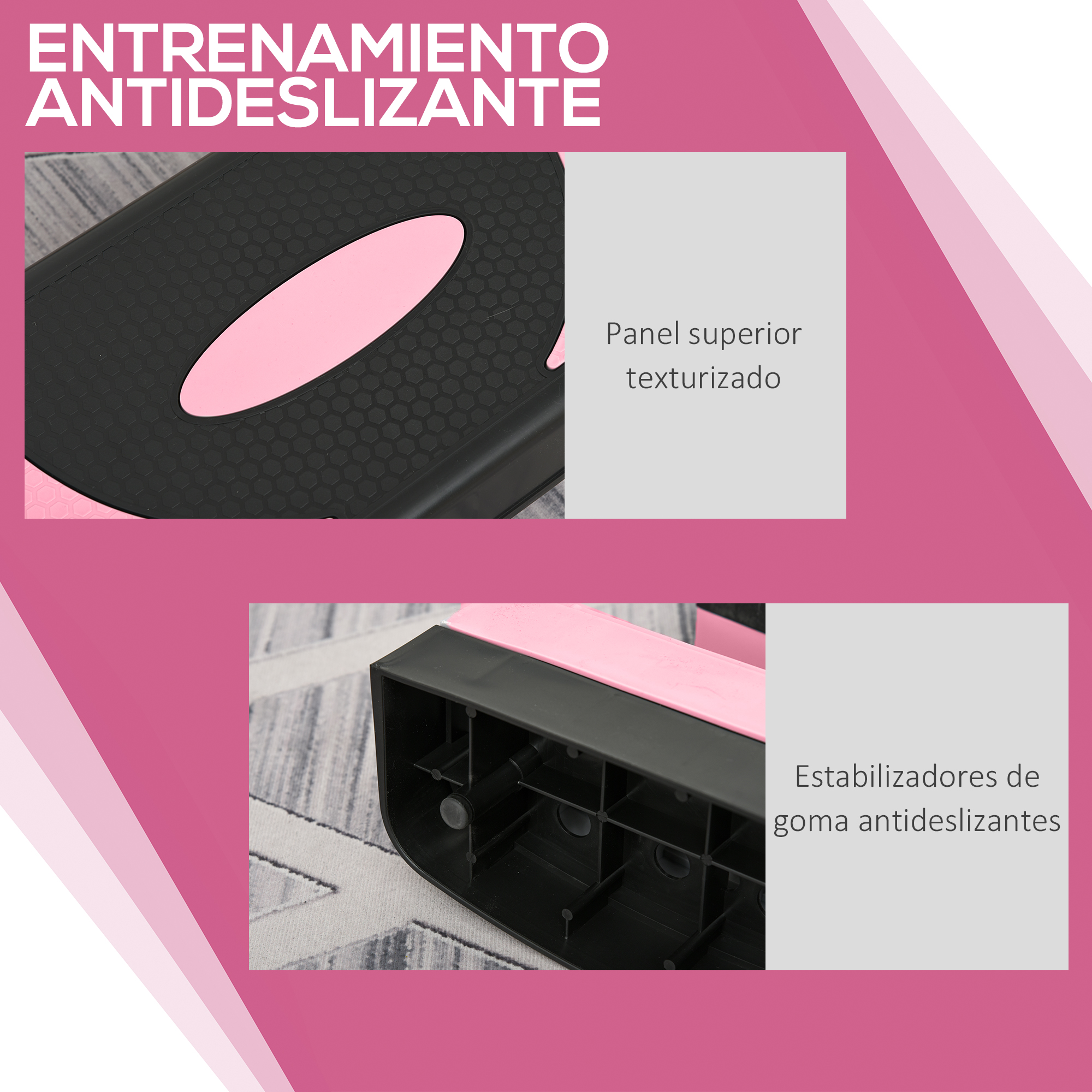 Plataforma de pasos rosa y negro. La sección superior muestra la superficie texturizada y el texto. La parte inferior muestra estabilizadores de goma antideslizantes.