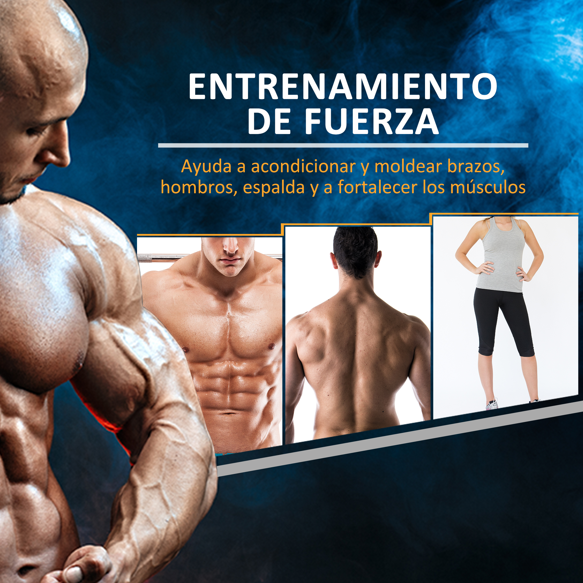 Imagen que promueve el entrenamiento de fuerza, con culturista musculoso. El texto dice: 'Entrenamiento de fuerza, ayuda a acondicionar brazos, hombros, espalda y fortalecer los músculos.'