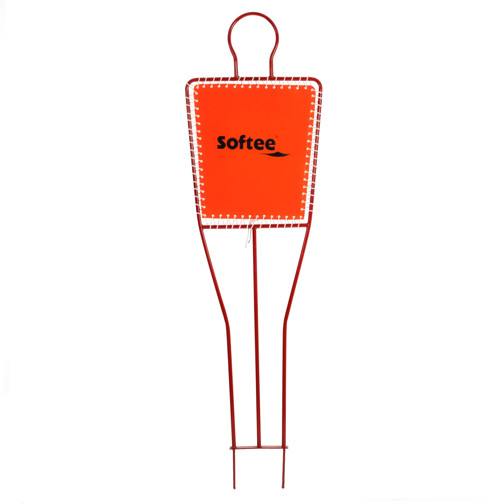 Un manichino da allenamento di calcio in metallo rosso con un pannello centrale arancione con la scritta 'Softee'.