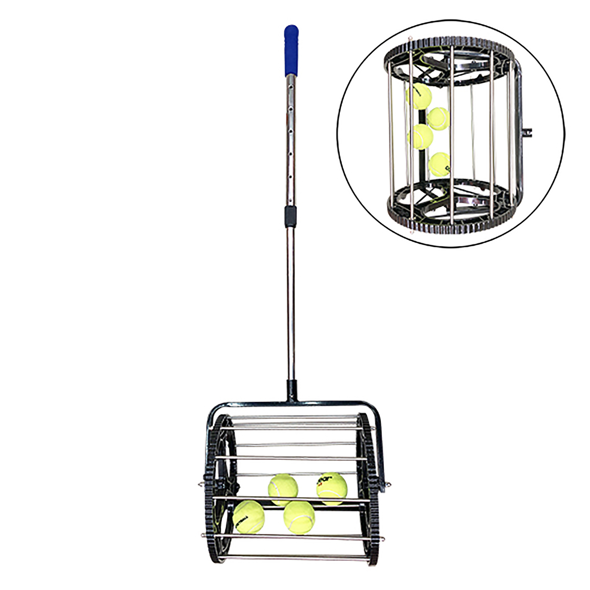 Un raccoglitore di palline da tennis con un lungo manico e una gabbia per palline. Gabbia aggiuntiva mostrata in alto a destra.