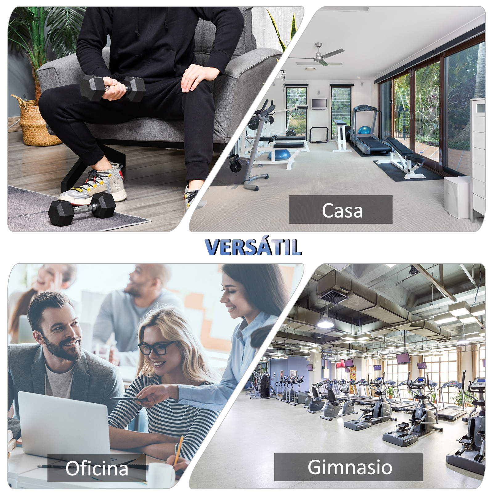 La imagen muestra cuatro escenas: una persona con mancuerna, un gimnasio en casa, trabajadores de oficina y un gimnasio.