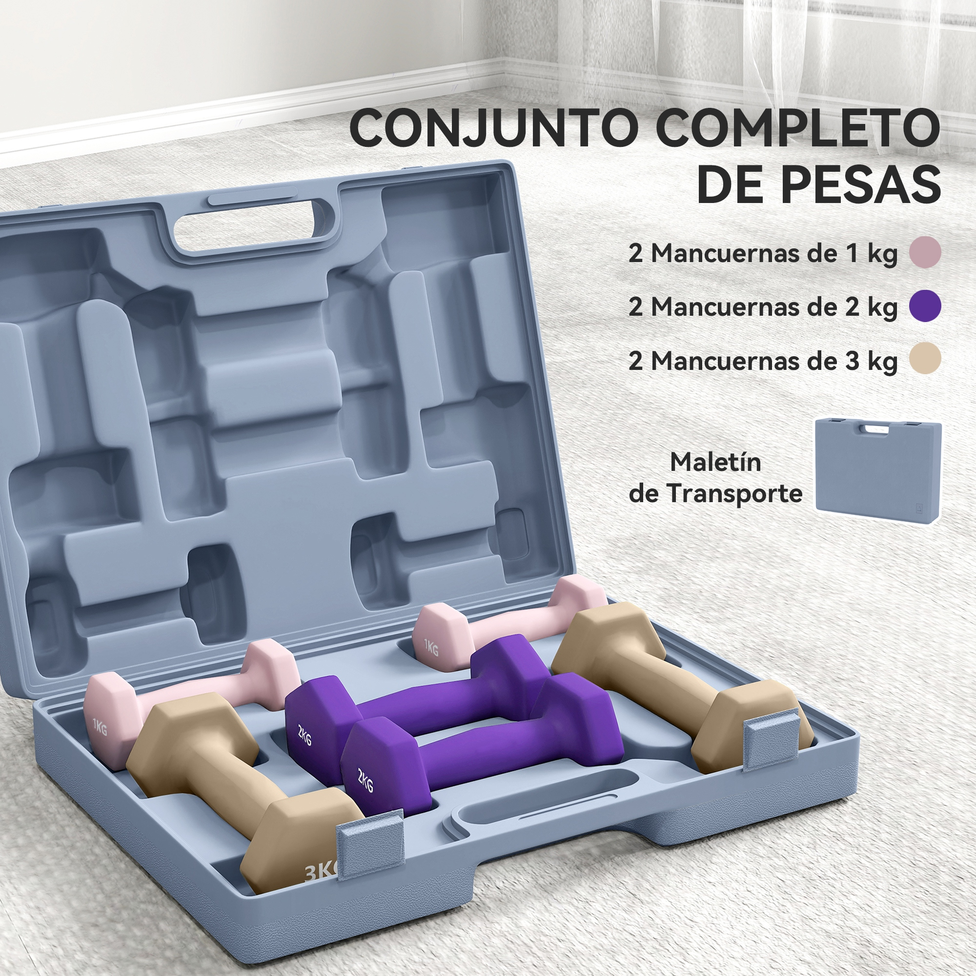 Una maleta azul abierta con pesas. Hay pesas rosas, moradas y beige. El texto dice 'Juego de pesas completo'.