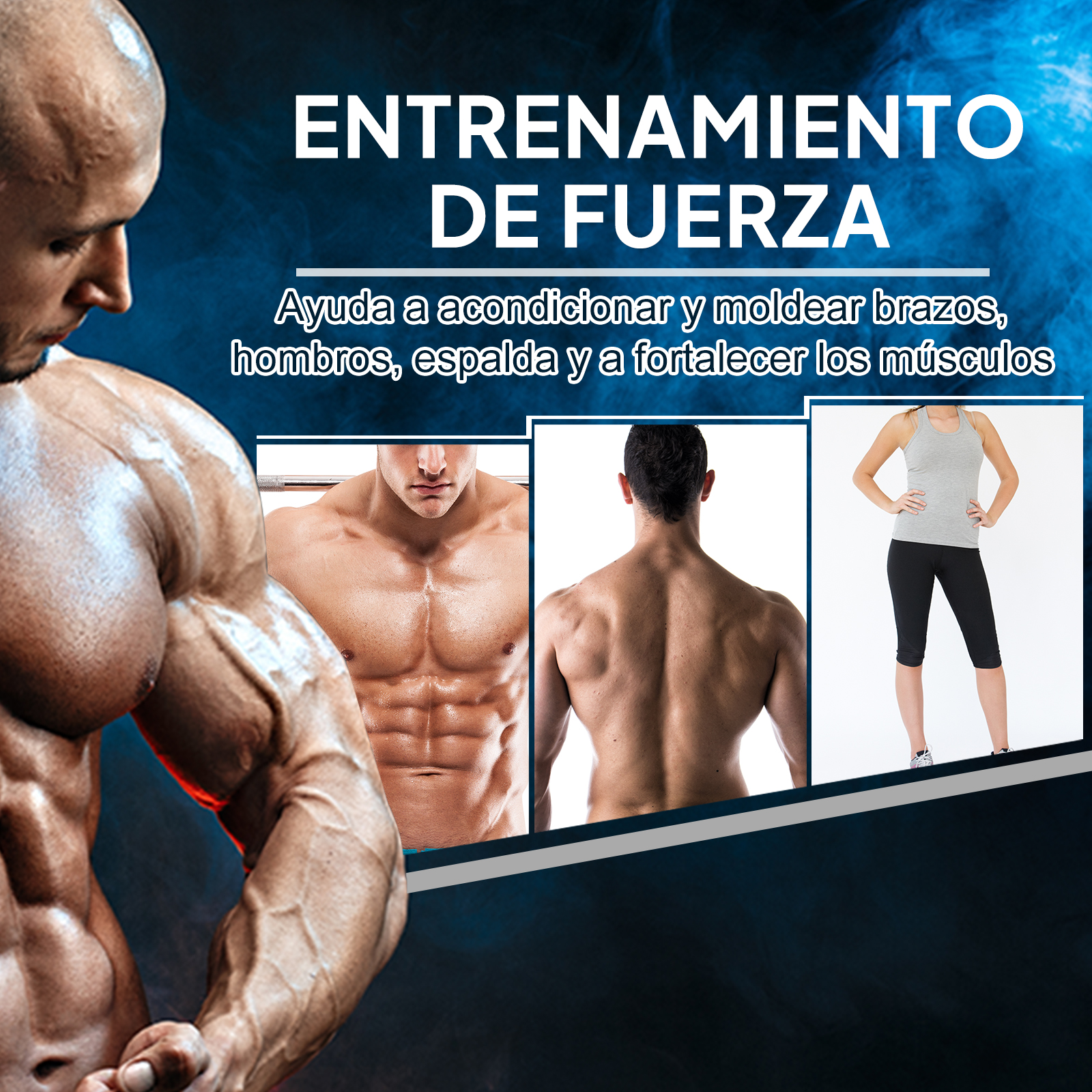 La imagen muestra a un hombre musculoso, texto sobre entrenamiento de fuerza e imágenes de partes del cuerpo y una mujer.