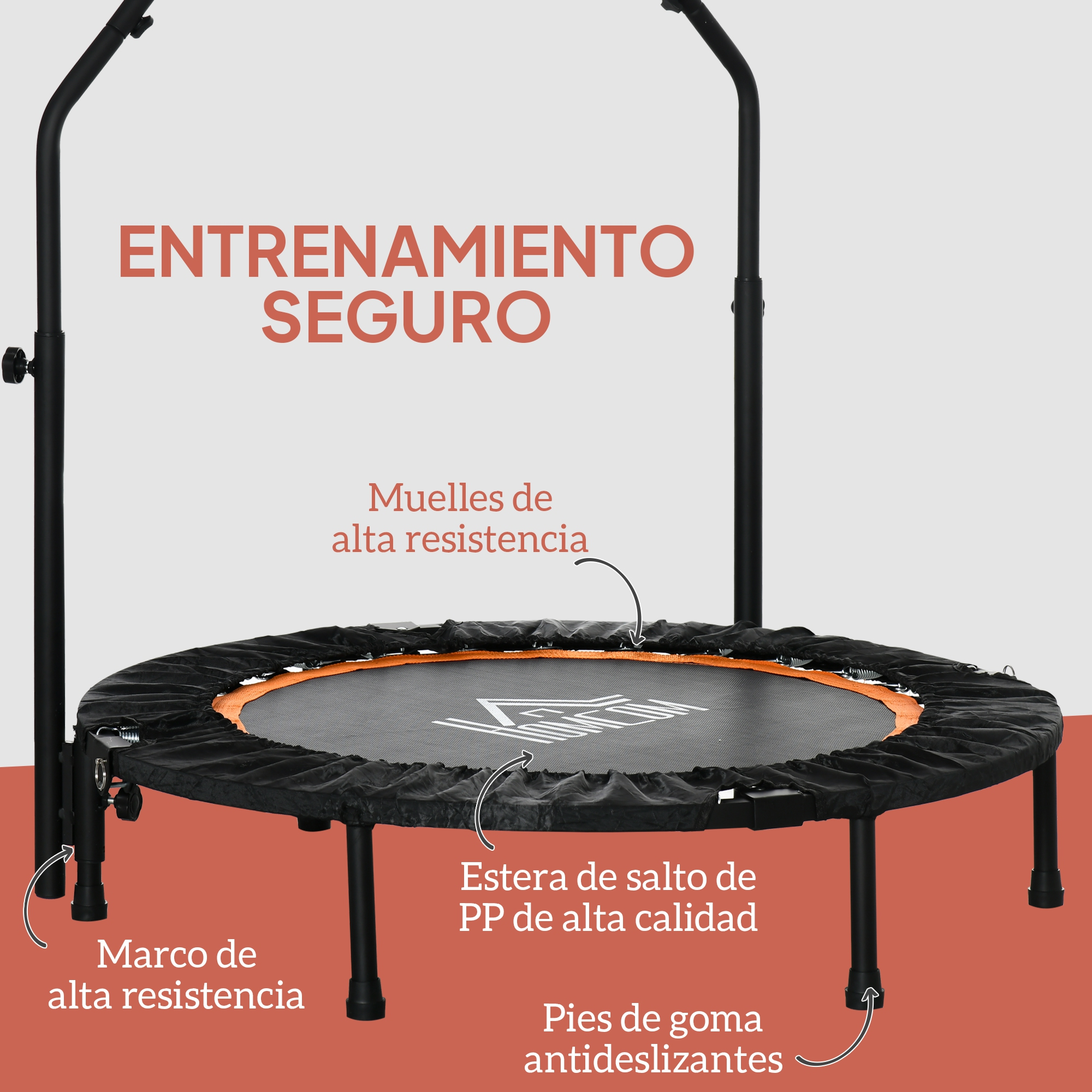 Un trampolín negro y naranja con barras de seguridad. Las etiquetas de texto señalan piezas de alta calidad como muelles y pies antideslizantes.