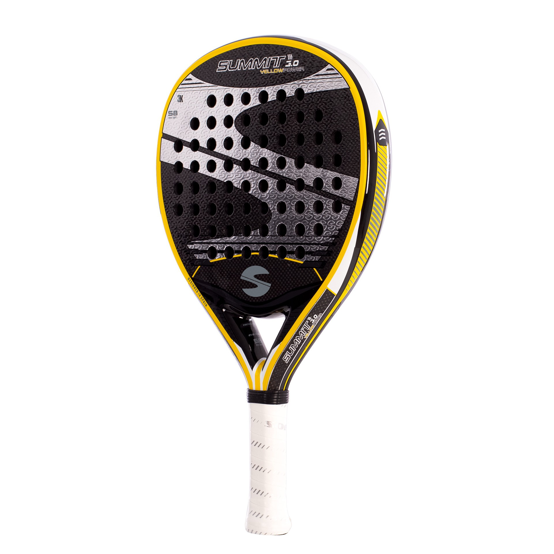 Una racchetta da padel Summit 3.0 Yellowpower nera e gialla su sfondo bianco.