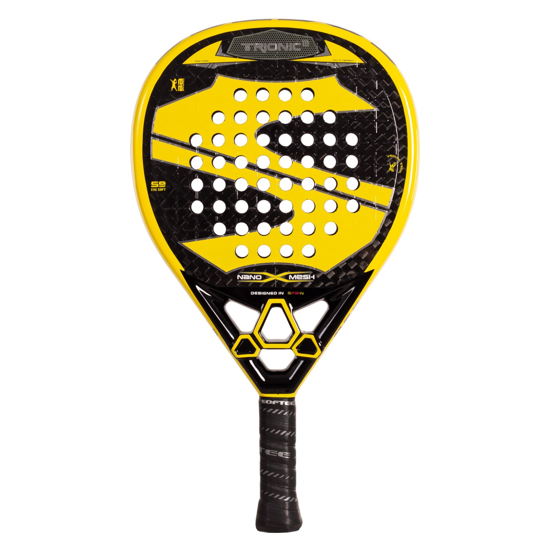Racchetta da padel gialla e nera con impugnatura nera. La racchetta ha dei fori e il marchio è visibile.