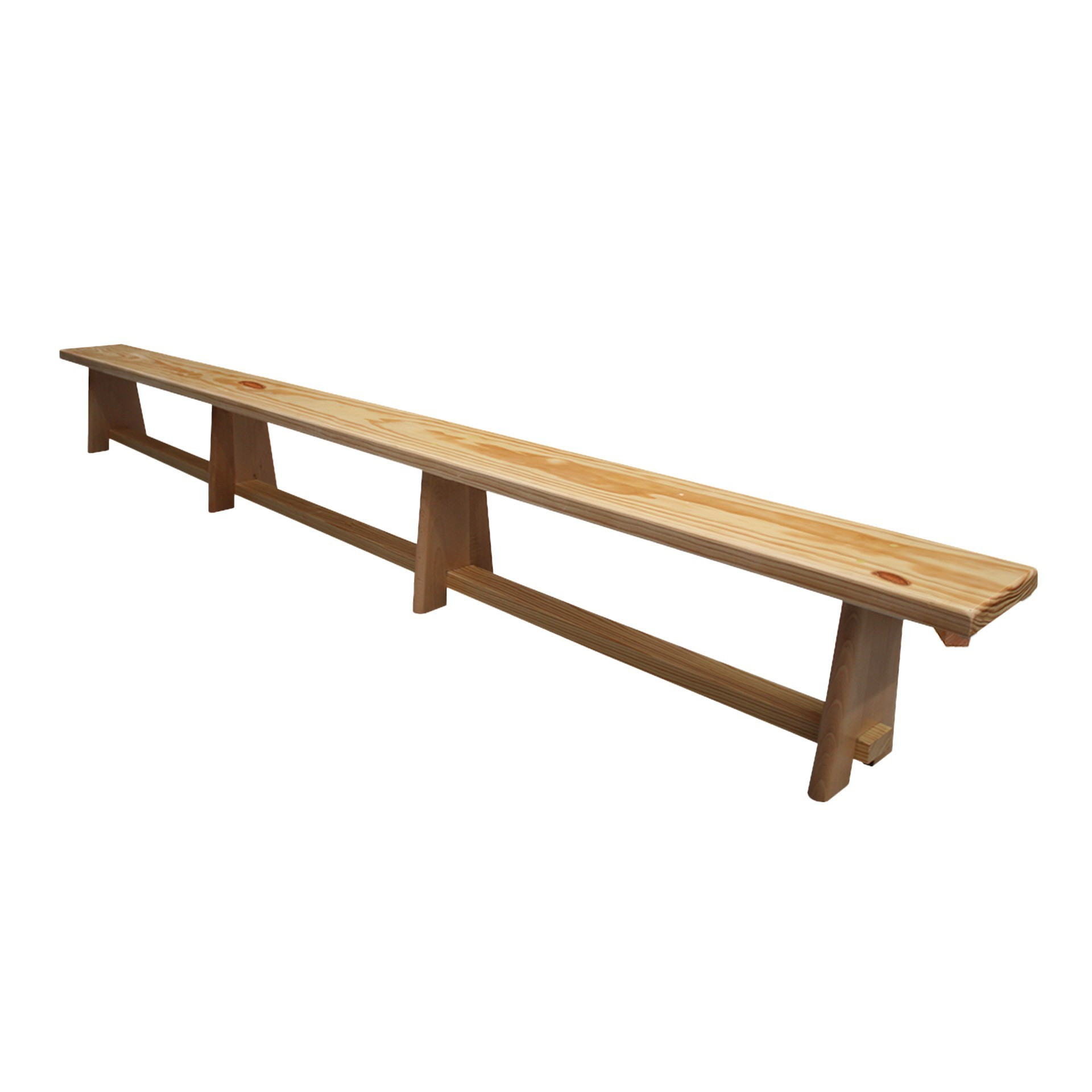 Una lunga panca di legno con finitura marrone chiaro. Ha una superficie piana e diverse gambe di supporto, il tutto su sfondo bianco.