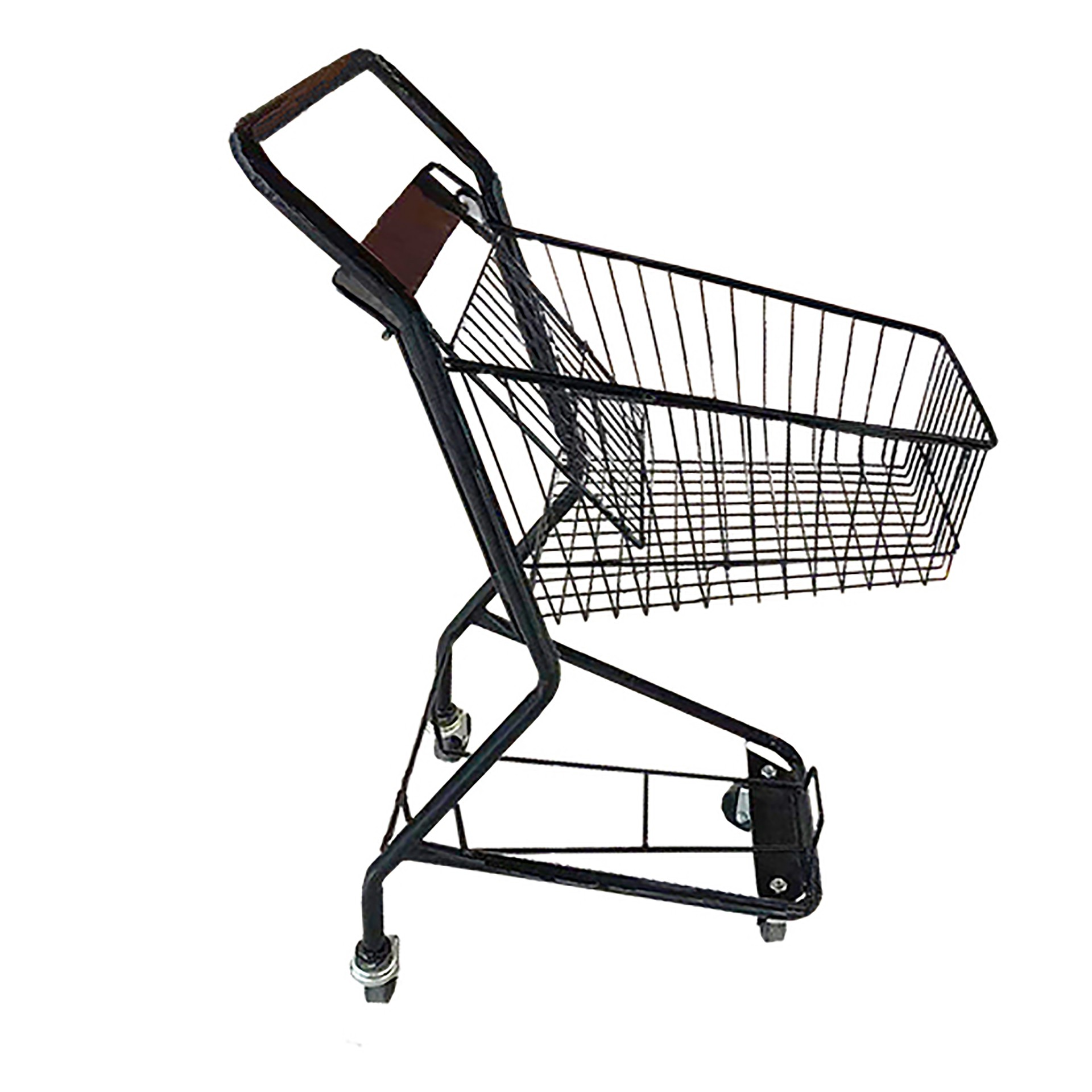 Un carrello nero su sfondo bianco. Ha un cestello in filo metallico, un manico e ruote.
