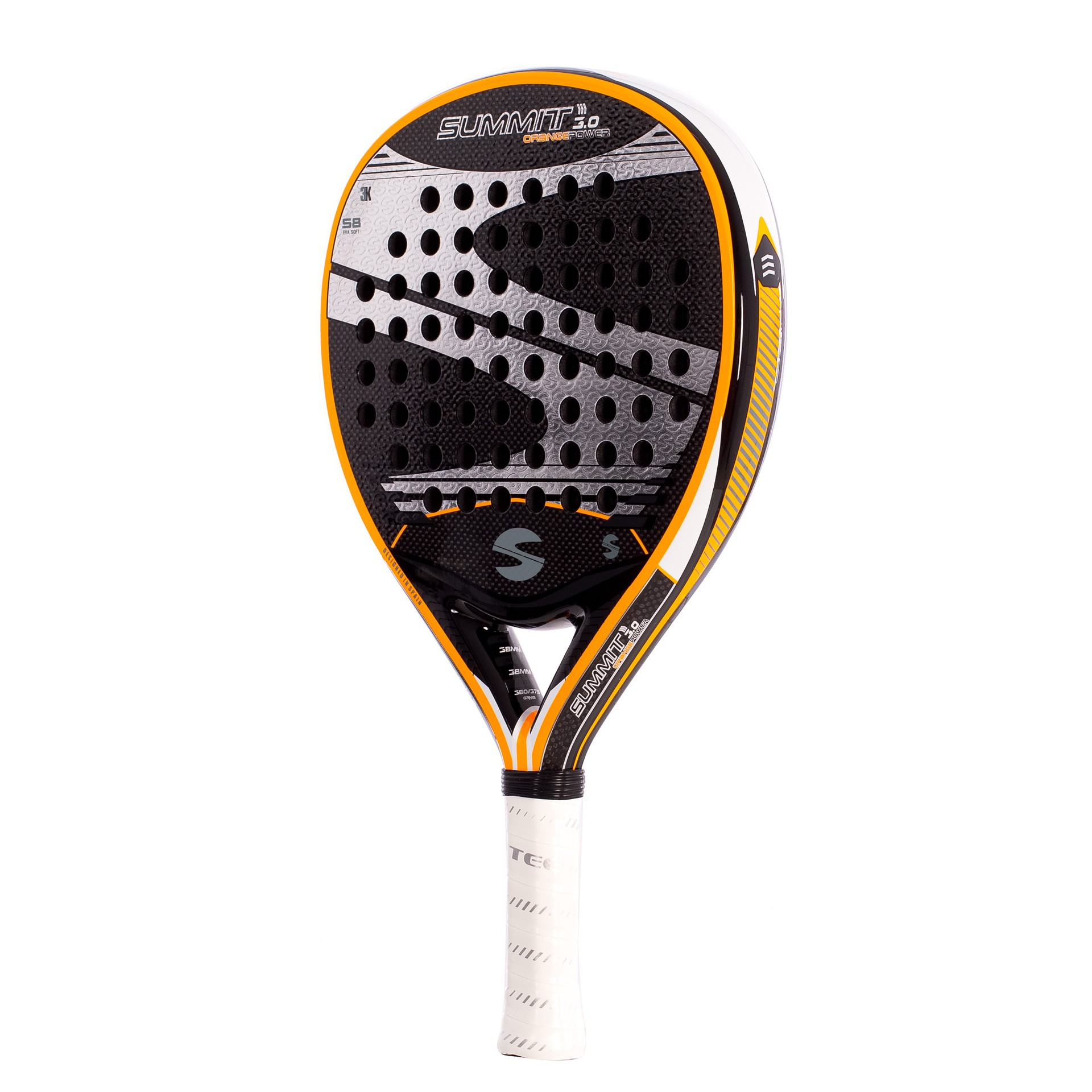 Una racchetta da padel con testa nera e arancione, impugnatura bianca e il marchio 'SUMMIT 3.0' è mostrata su sfondo bianco.