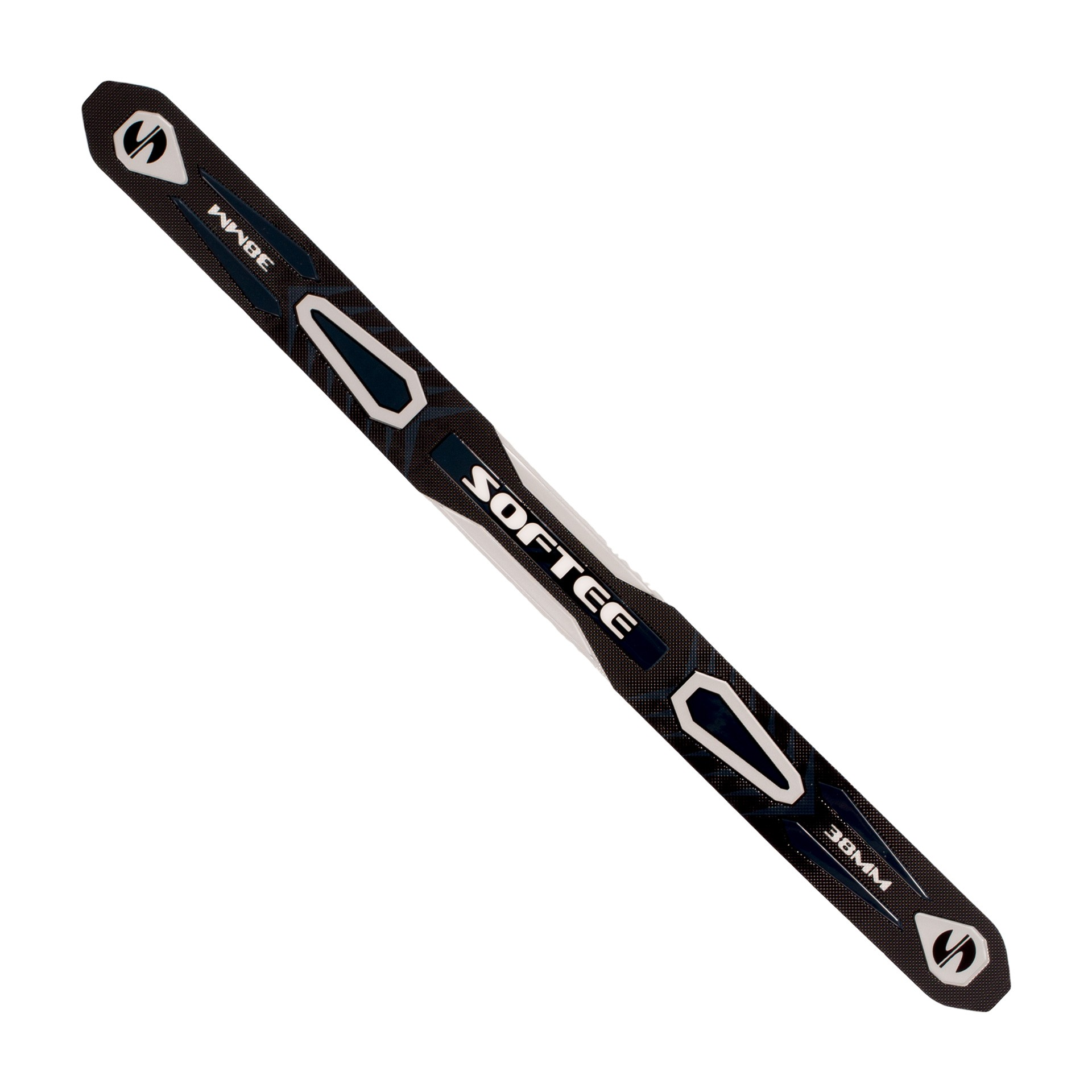 Un braccialetto SOFTEE 38mm in bianco e nero, angolato. Presenta il logo e il testo SOFTEE, con disegni geometrici su sfondo nero.