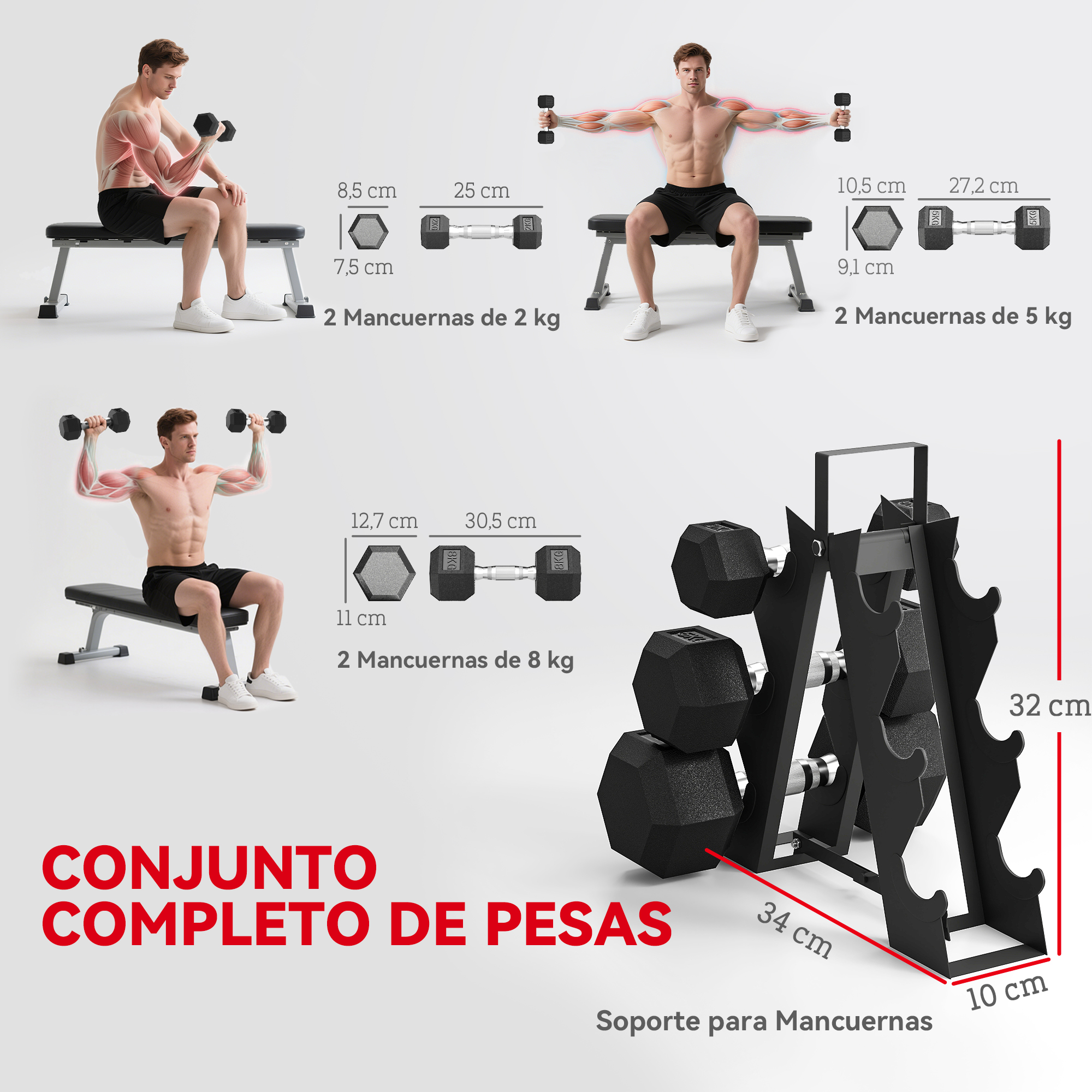 La imagen muestra un juego de fitness: mancuernas con pesas y un estante. Hombres haciendo ejercicio con las mancuernas. Texto: 'Juego de pesas completo'.
