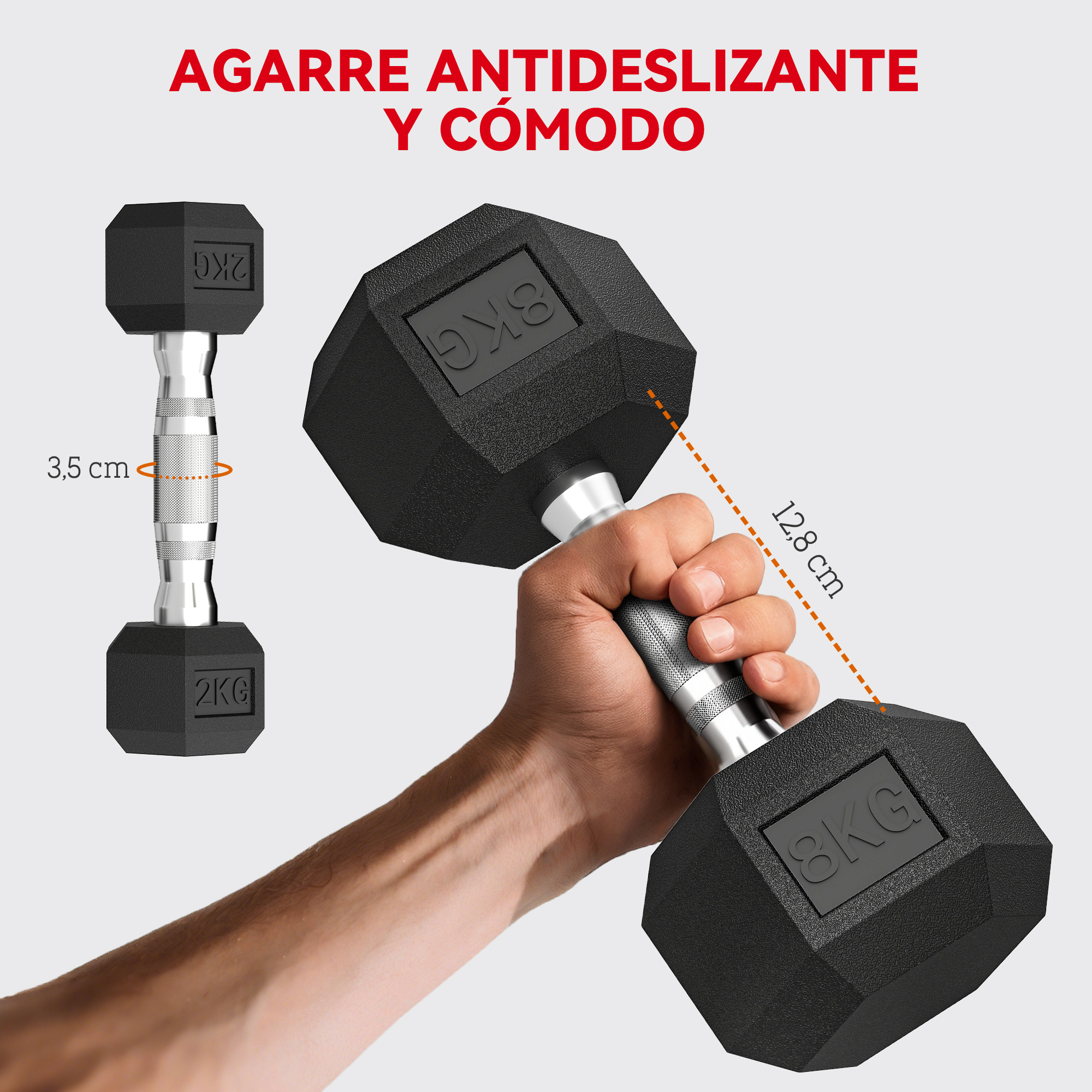Una mano sostiene una mancuerna negra de 8KG. El mango es plateado con una medida de 12,8 cm.
