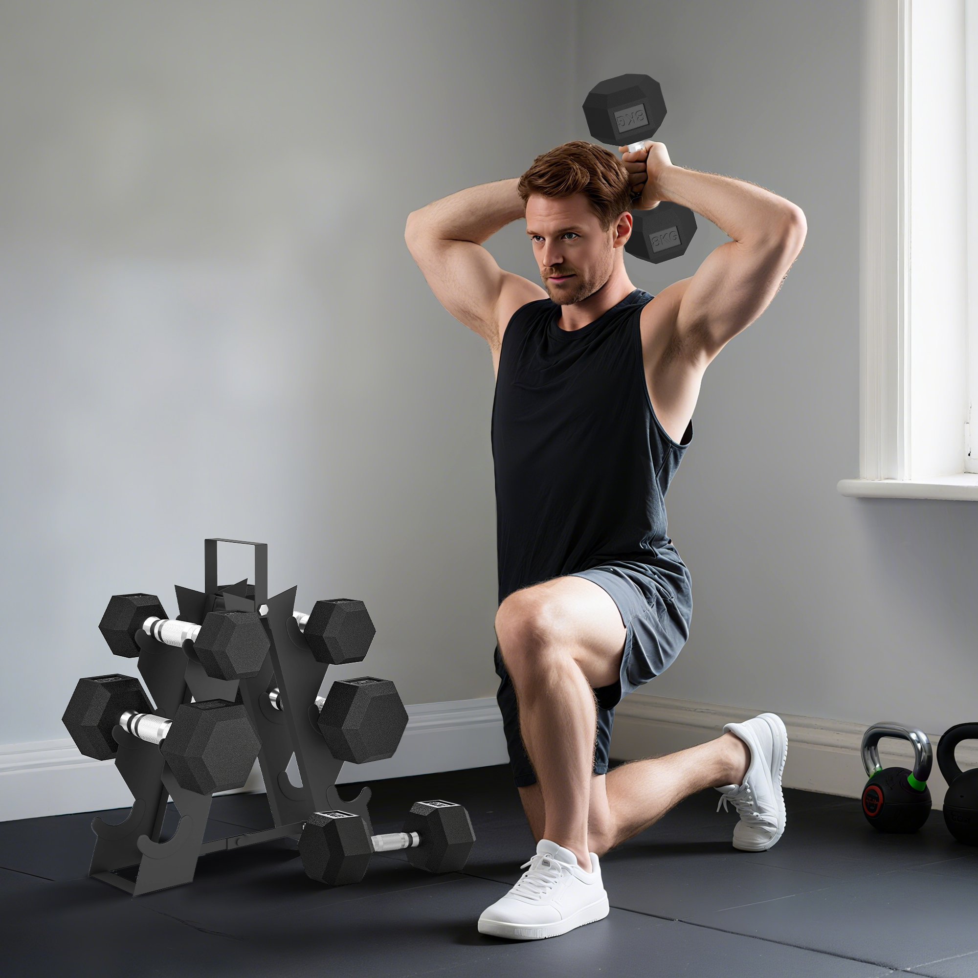 Hombre en ropa de gimnasio haciendo estocadas, sosteniendo pesas. Se ven mancuernas y un estante. Suelo negro, zapatos blancos.
