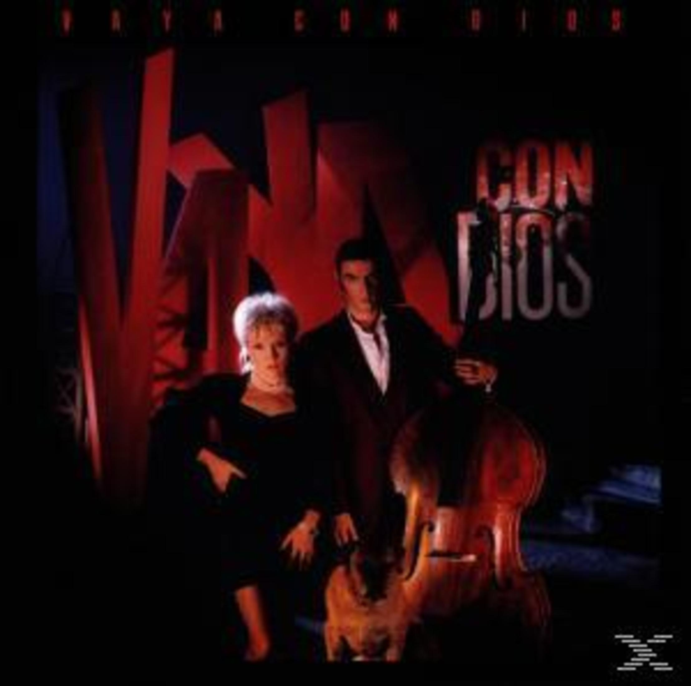 Albumcover. Zwei Personen mit Hund, Cello. Roter Hintergrund mit Text "Con Dios".