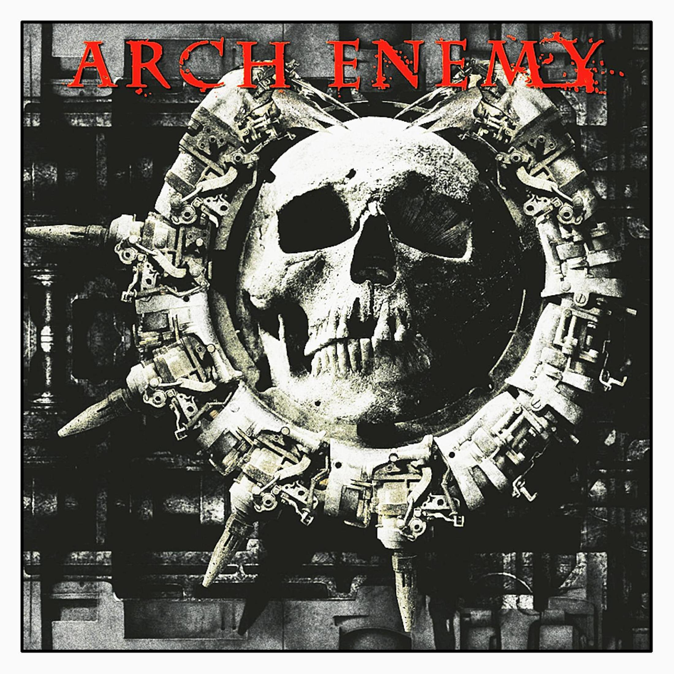 Das Cover von Arch Enemy zeigt einen Schädel in einem mechanischen Ring mit dem Bandnamen in Rot darüber.