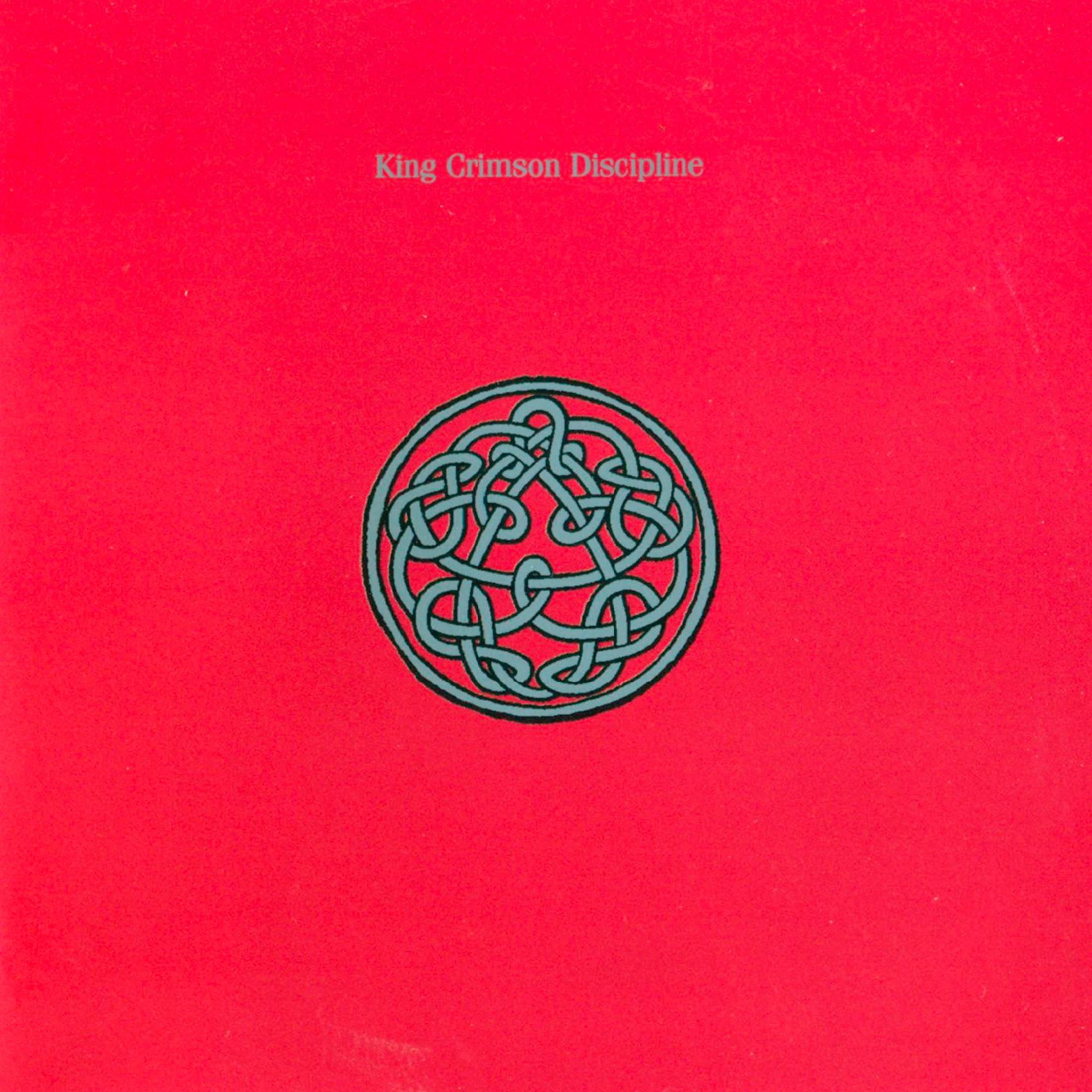 Albumcover: Roter Hintergrund mit blau-grünem Knotendesign und dem Text "King Crimson Discipline".