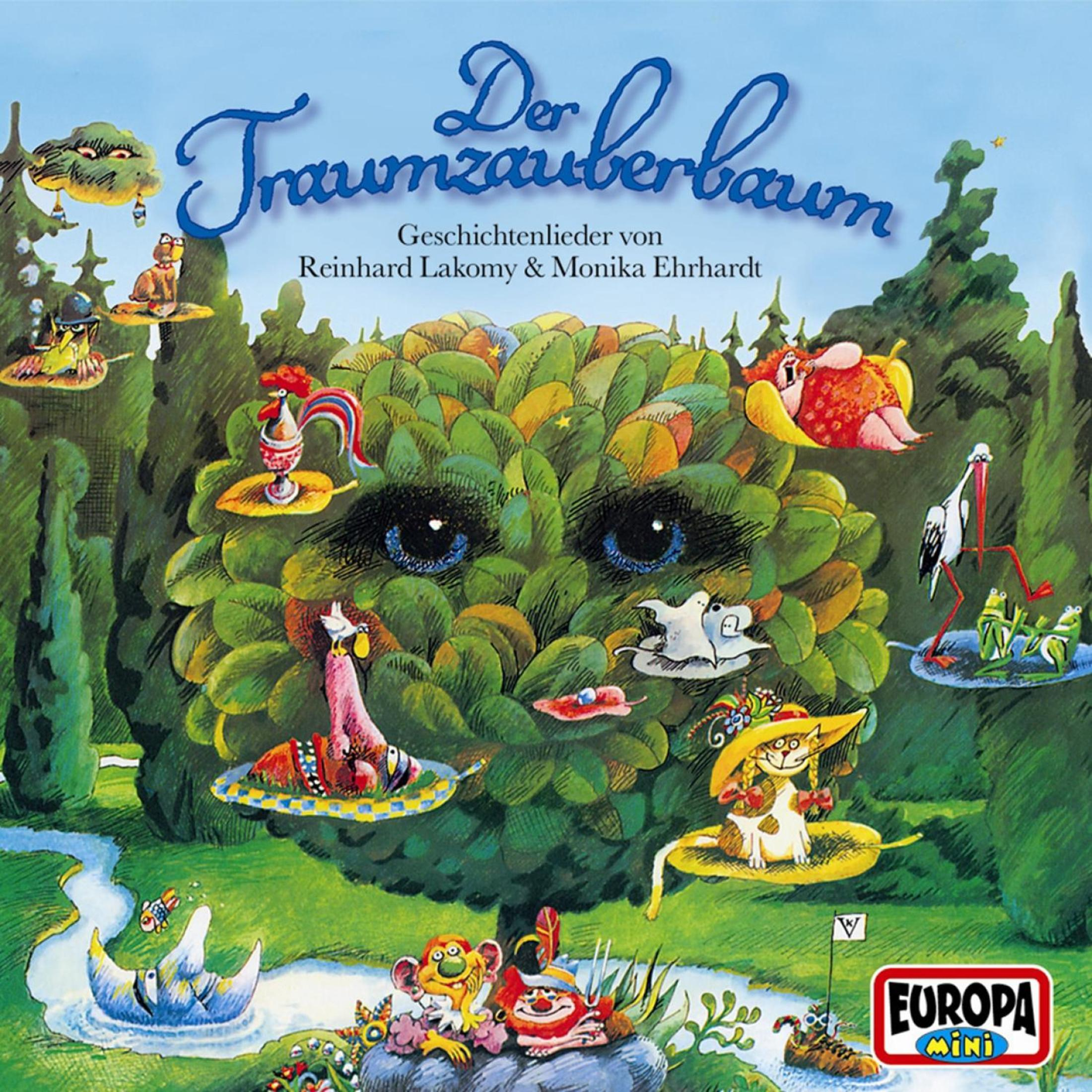 Buchcover mit einem skurrilen Baumgesicht. Verschiedene Cartoonfiguren um den Baum herum, mit einem Fluss und einem 'Europa Mini'-Logo.