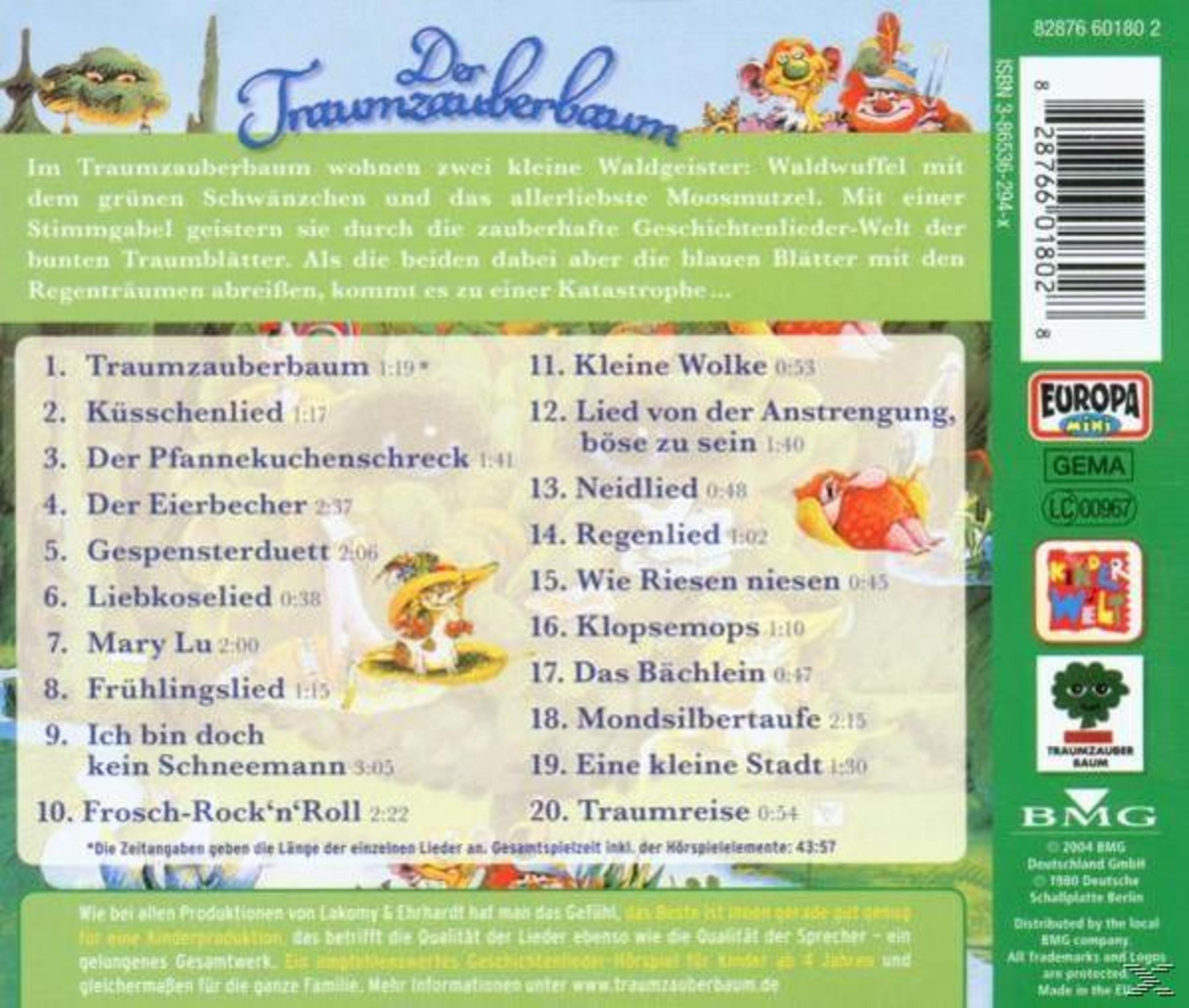 CD-Cover mit Titel 'Der Traumzauberbaum' und Titelliste. Cartoon-Figuren und ein Baum sind abgebildet.