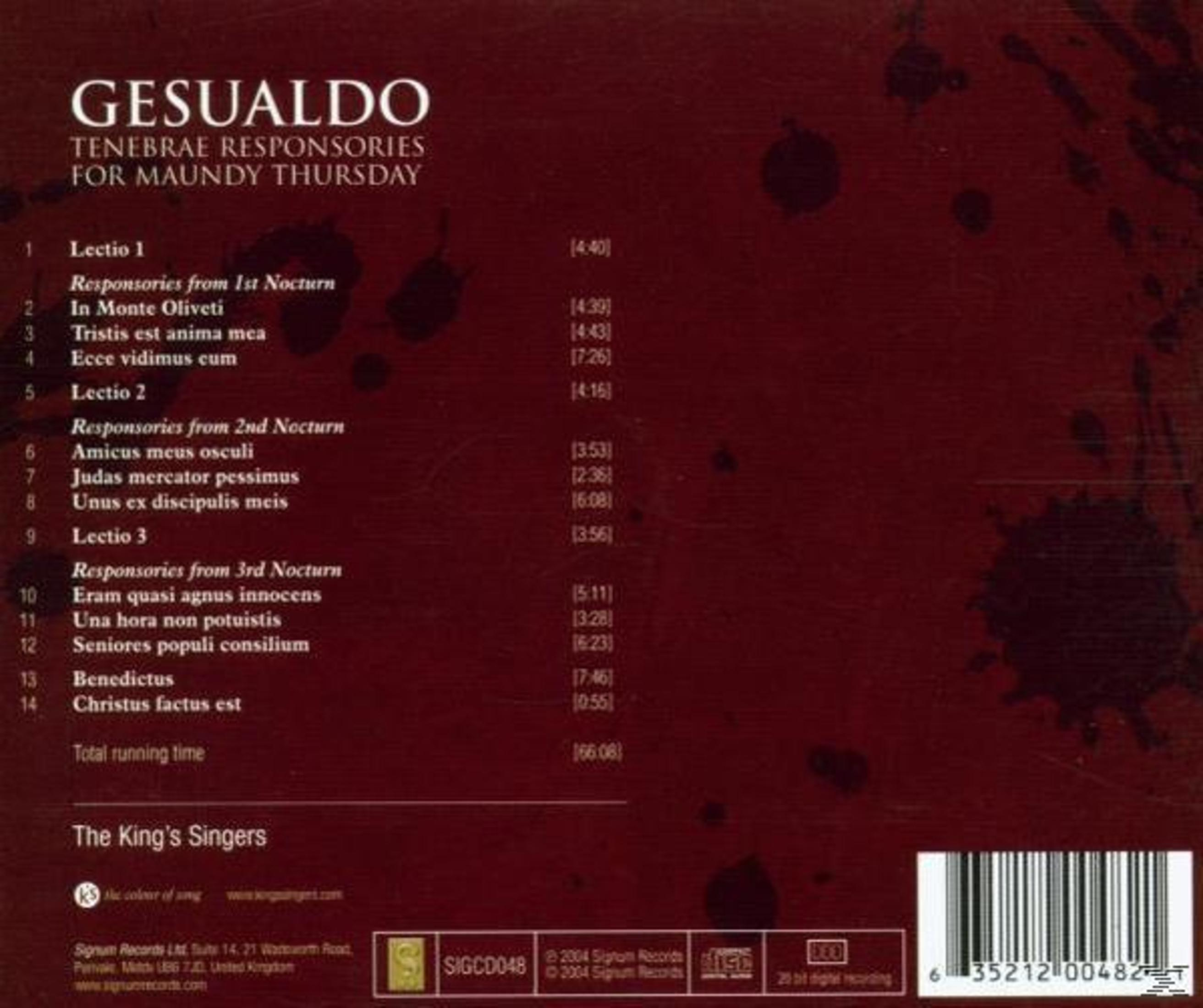 CD-Cover mit Text: Gesualdo, Tenebrae Responsories, The King's Singers, Titelliste und Barcode. Dunkelroter Hintergrund.