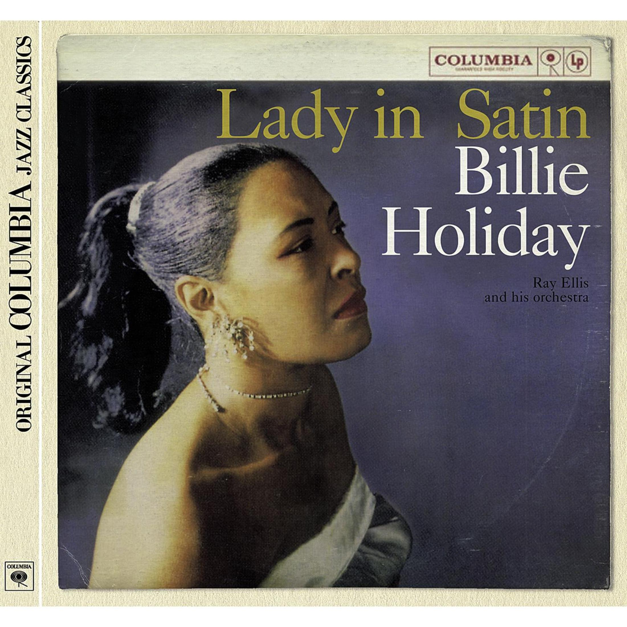 Albumcover: Billie Holidays 'Lady in Satin'. Porträt der Sängerin mit Pferdeschwanz und Schmuck, mit lila Hintergrund.