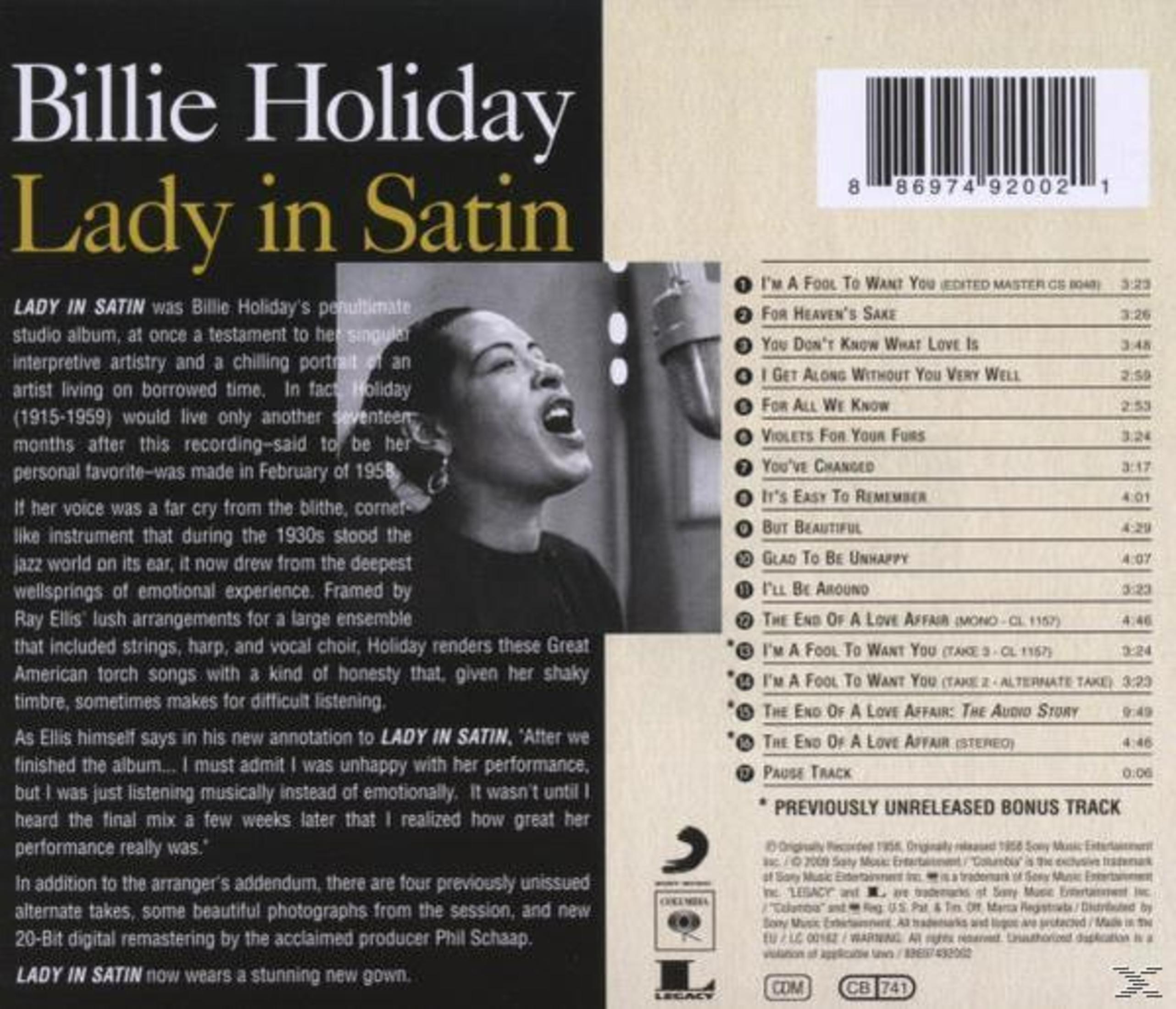 Albumcover von Billie Holiday, Lady in Satin. Enthält Text, ein Foto von Holiday beim Singen und eine Titelliste.