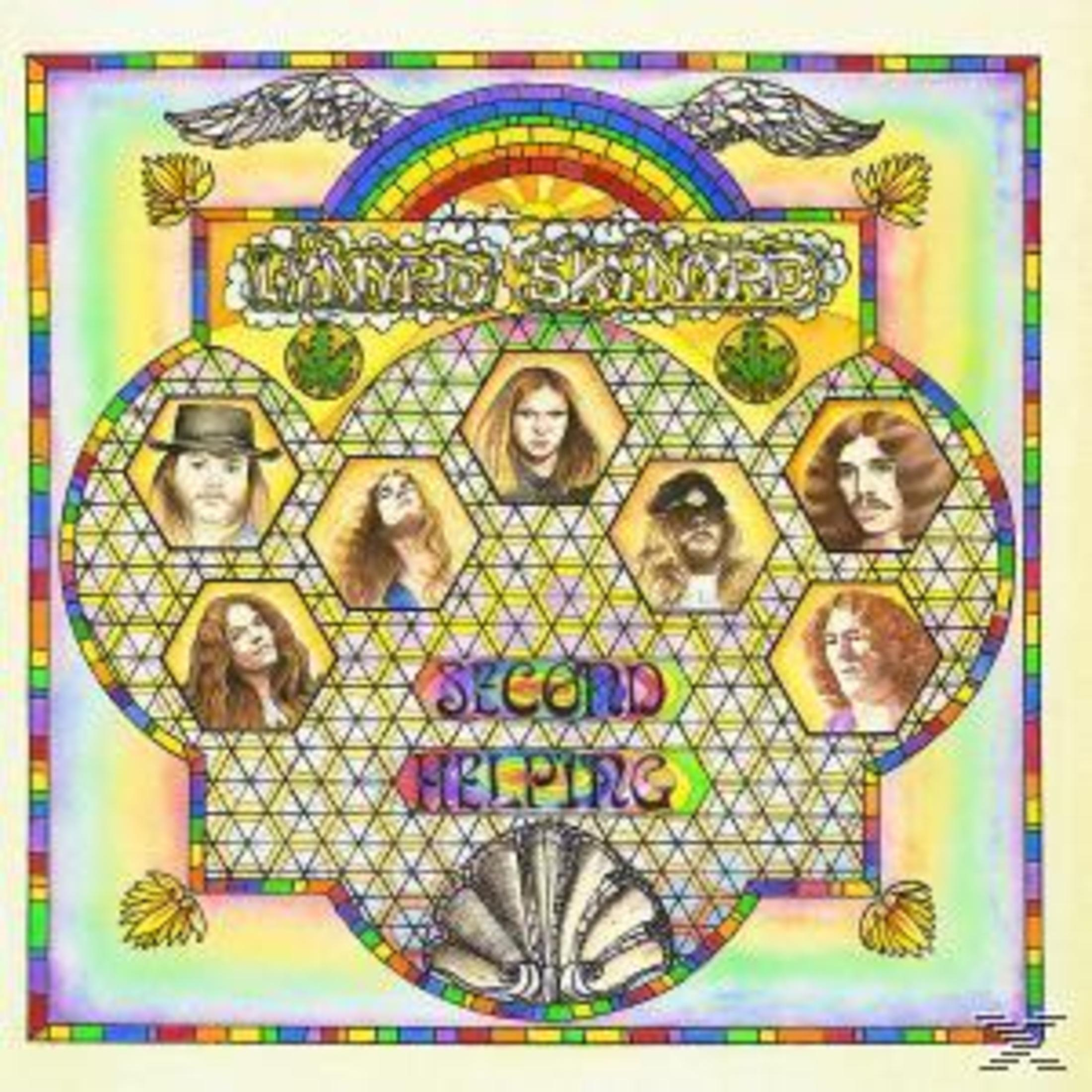 Albumcover mit sieben Bandmitgliedern in sechseckigen Rahmen. Regenbogen, Flügel und der Text 'Second Helping' sind ebenfalls vorhanden.