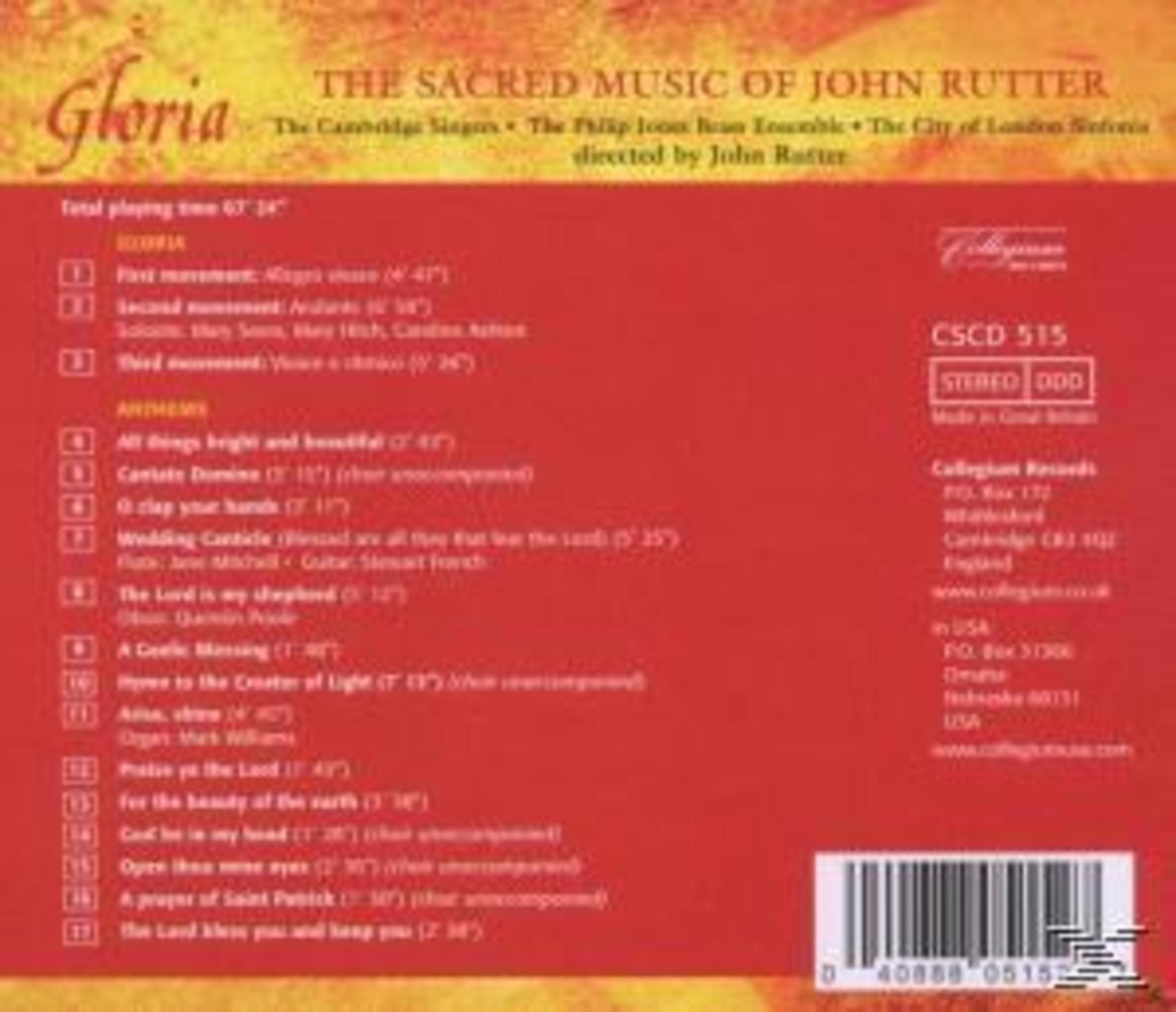CD-Cover mit Text 'Gloria' und Details zu John Rutters sakraler Musik. Enthält Titelliste und Collegium Records Logo.