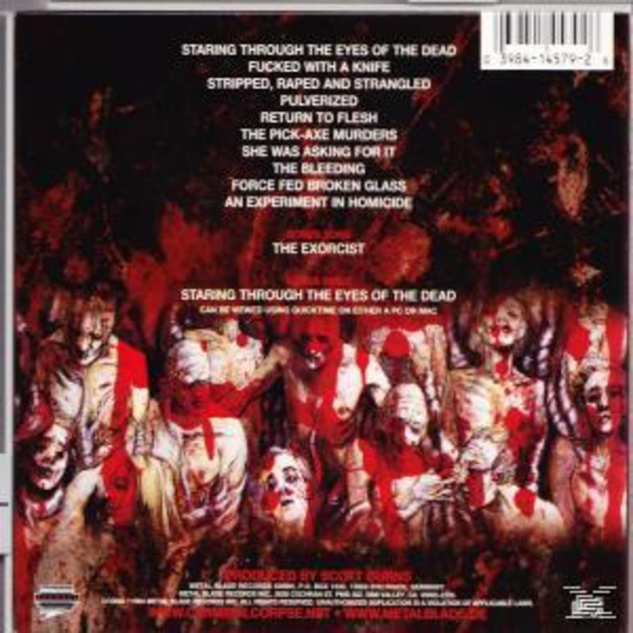 Albumcover mit einer gruseligen Szene von Gesichtern und roten Spritzern, mit Textüberlagerung über Gewalt und Tod.