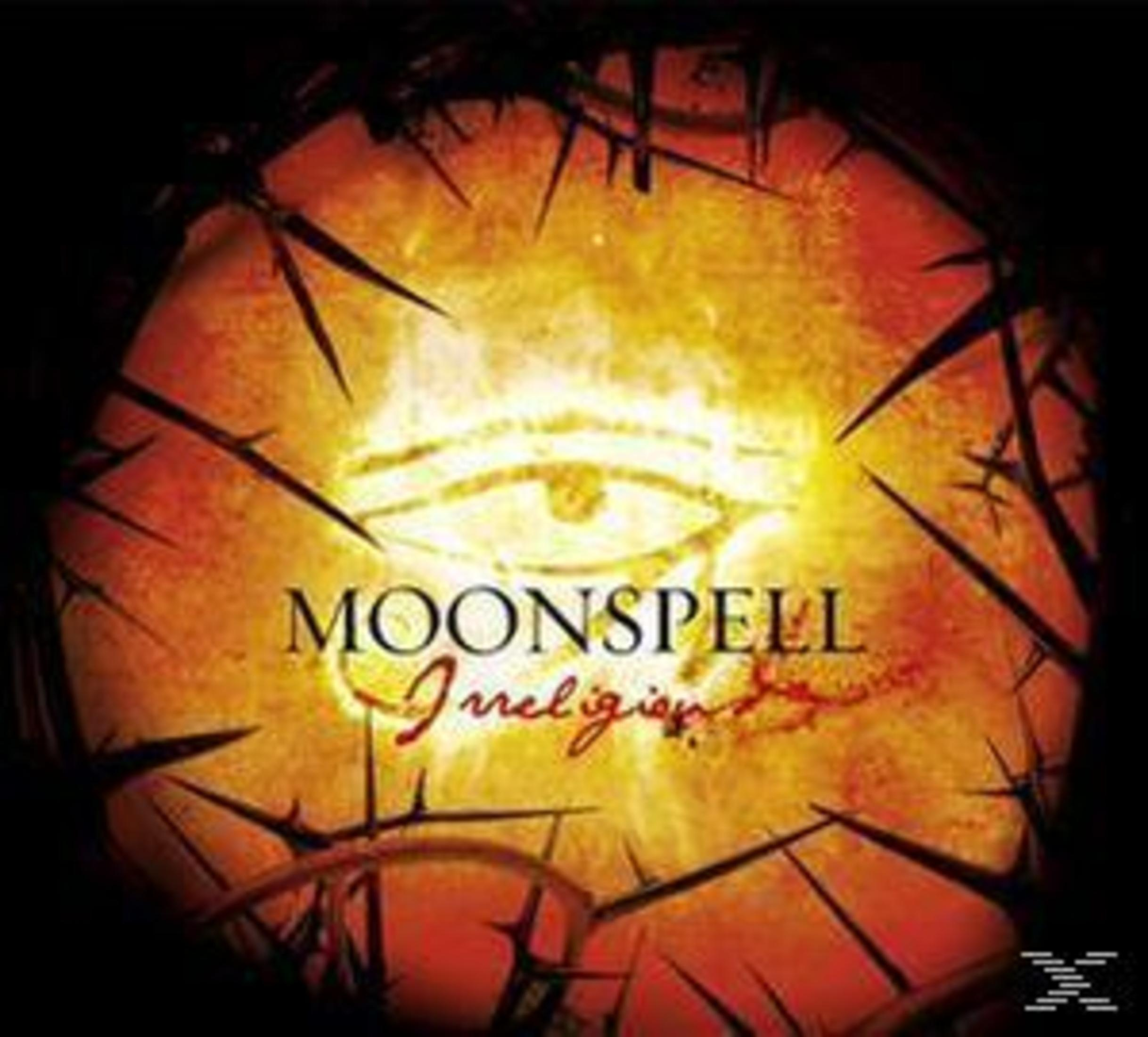 Albumcover mit einem leuchtenden Auge, Dornen und dem Text 'Moonspell Irreligious' auf feurigem Hintergrund.