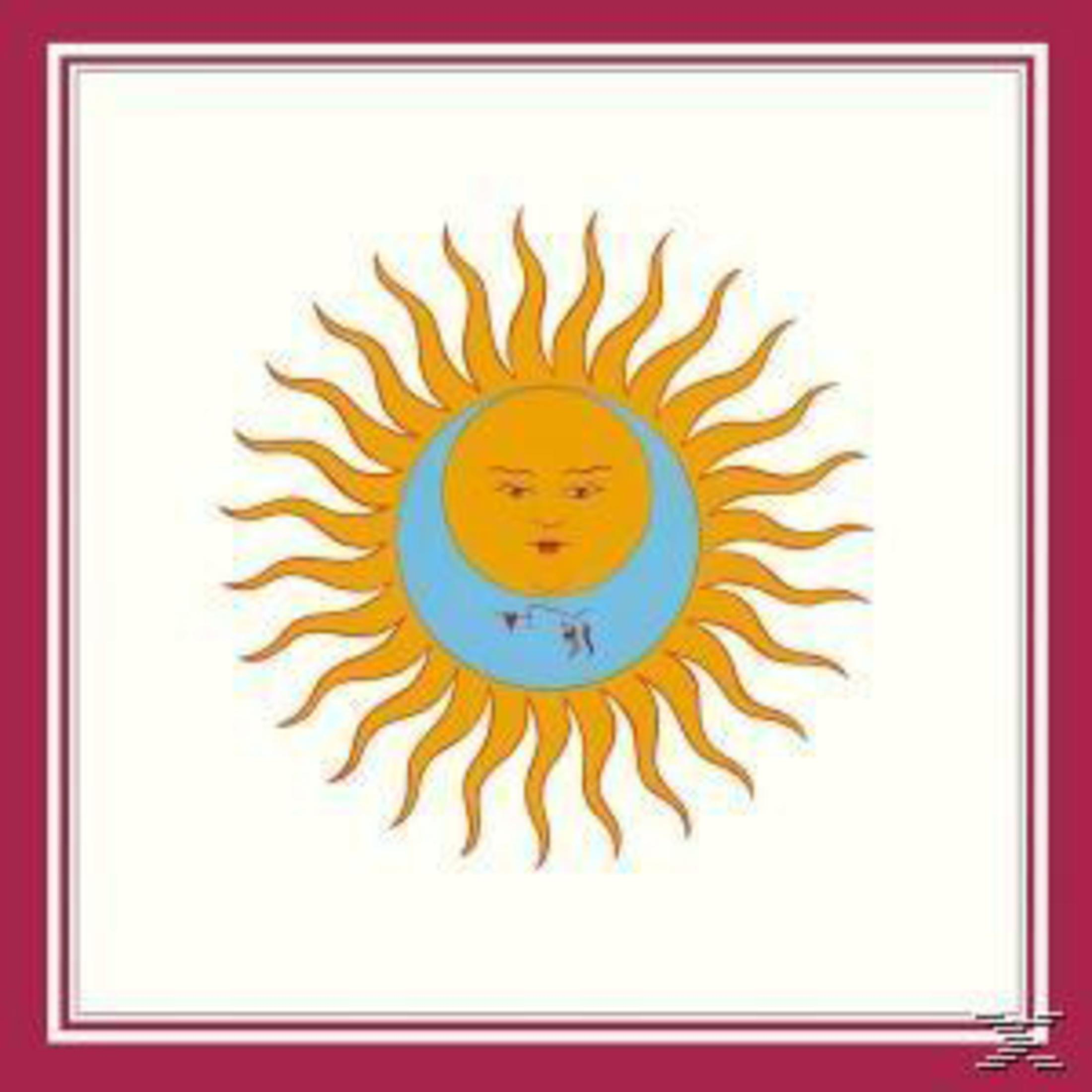 Image depicts a sun with a face, surrounded by rays, inside a blue crescent. It's framed with white and burgundy borders.