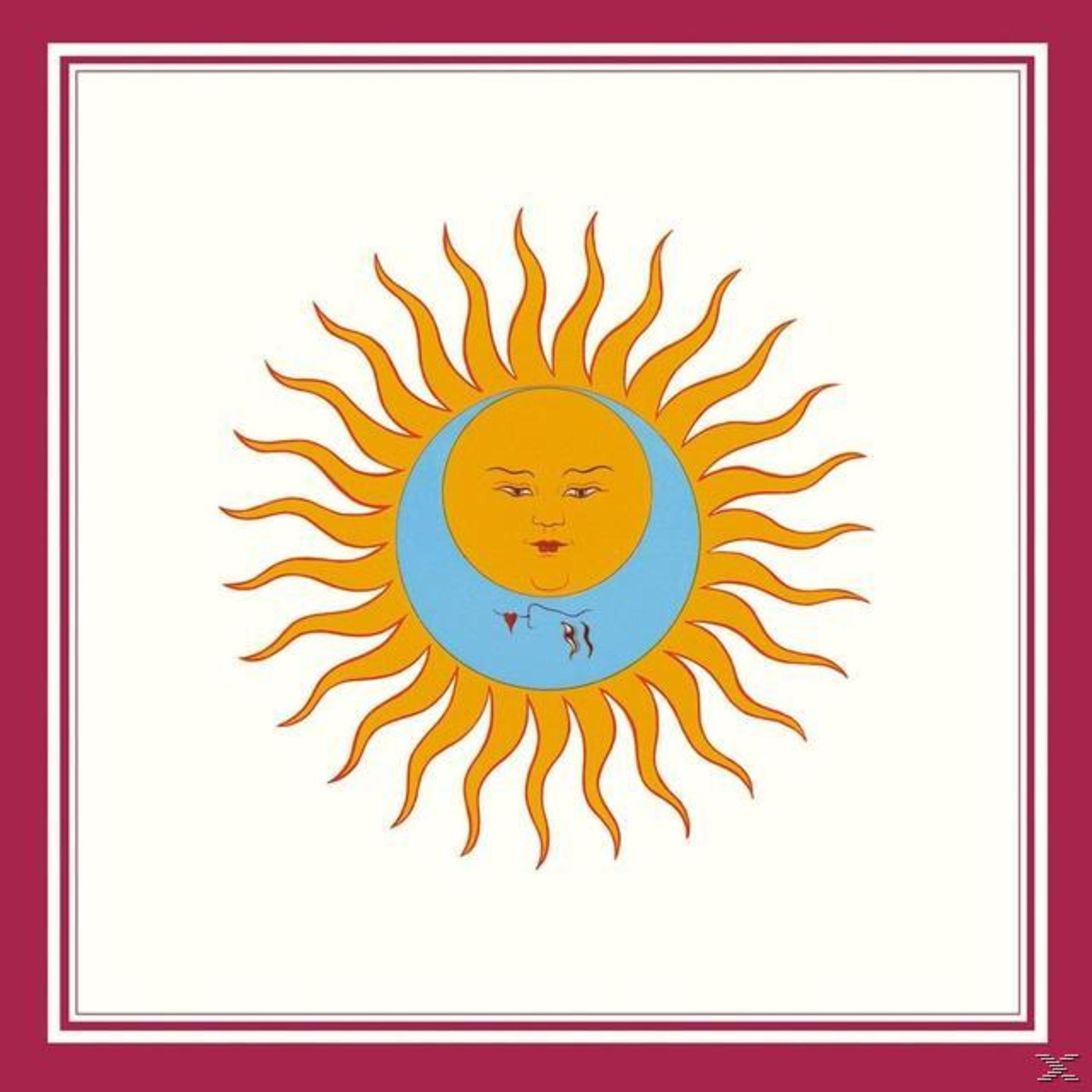 Illustration of the sun and moon with faces, surrounded by a yellow halo, within a white and burgundy frame.