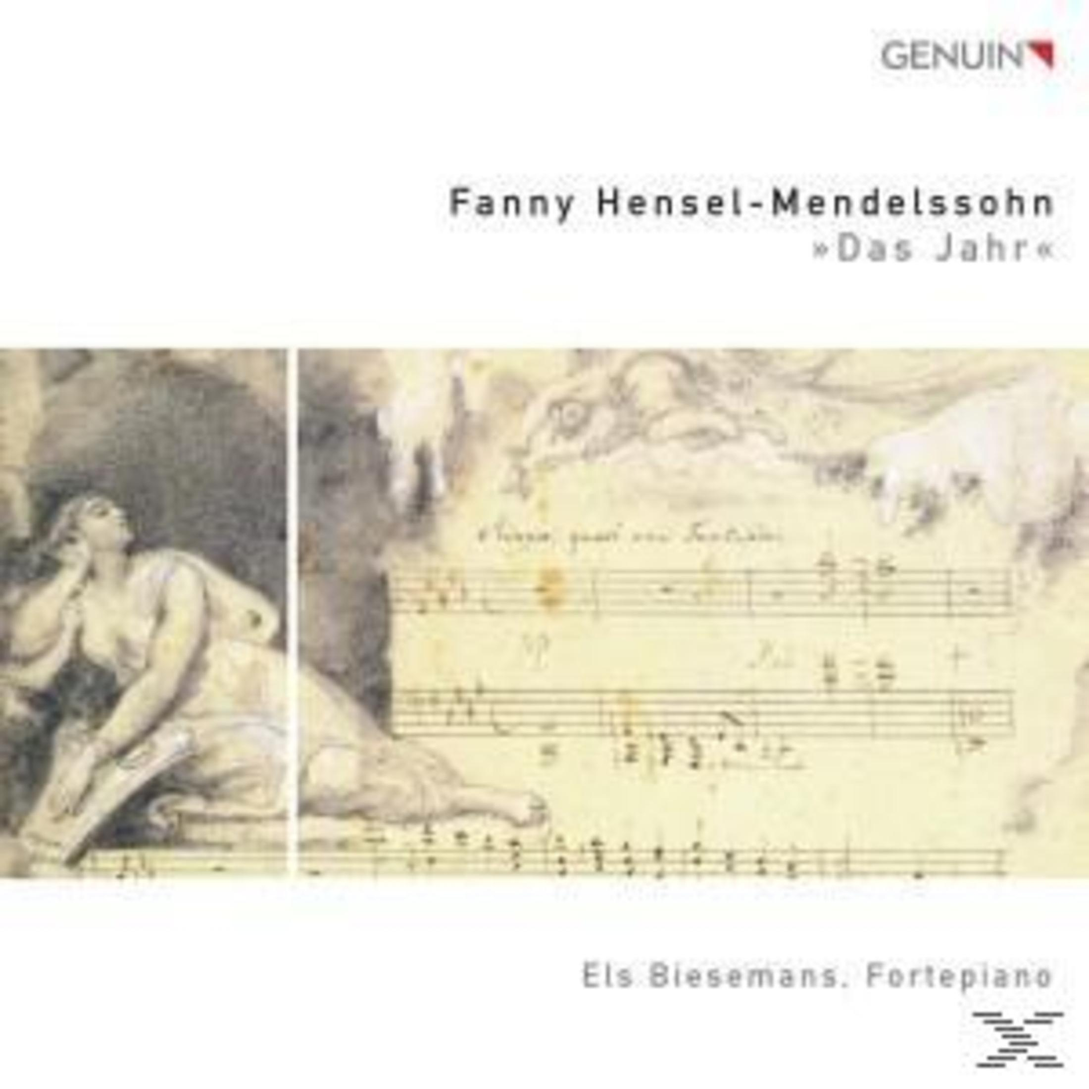 Albumcover mit Kunstwerk, Noten und Text. Mit Fanny Hensel-Mendelssohn, "Das Jahr" und Els Biesemans. Fortepiano.