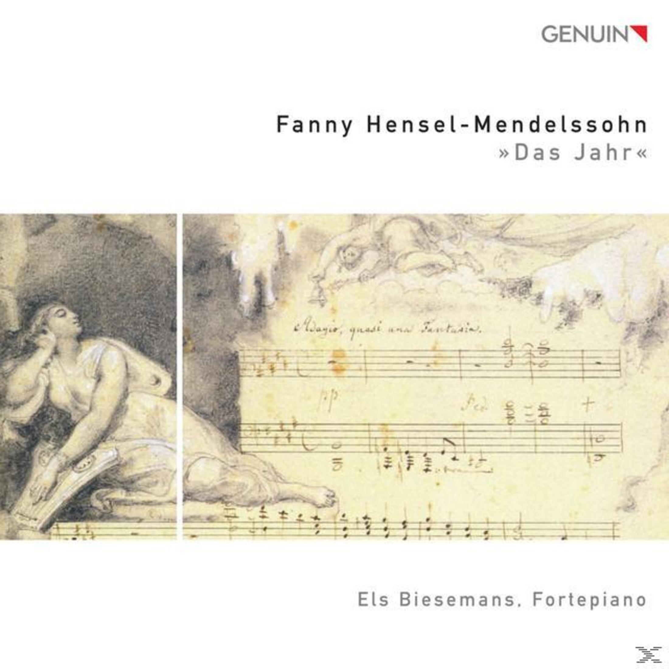 Albumcover mit Kunst, Noten und Text. Es zeigt Fanny Hensel-Mendelssohns Werk, eine Frau und den Namen Els Biesemans.