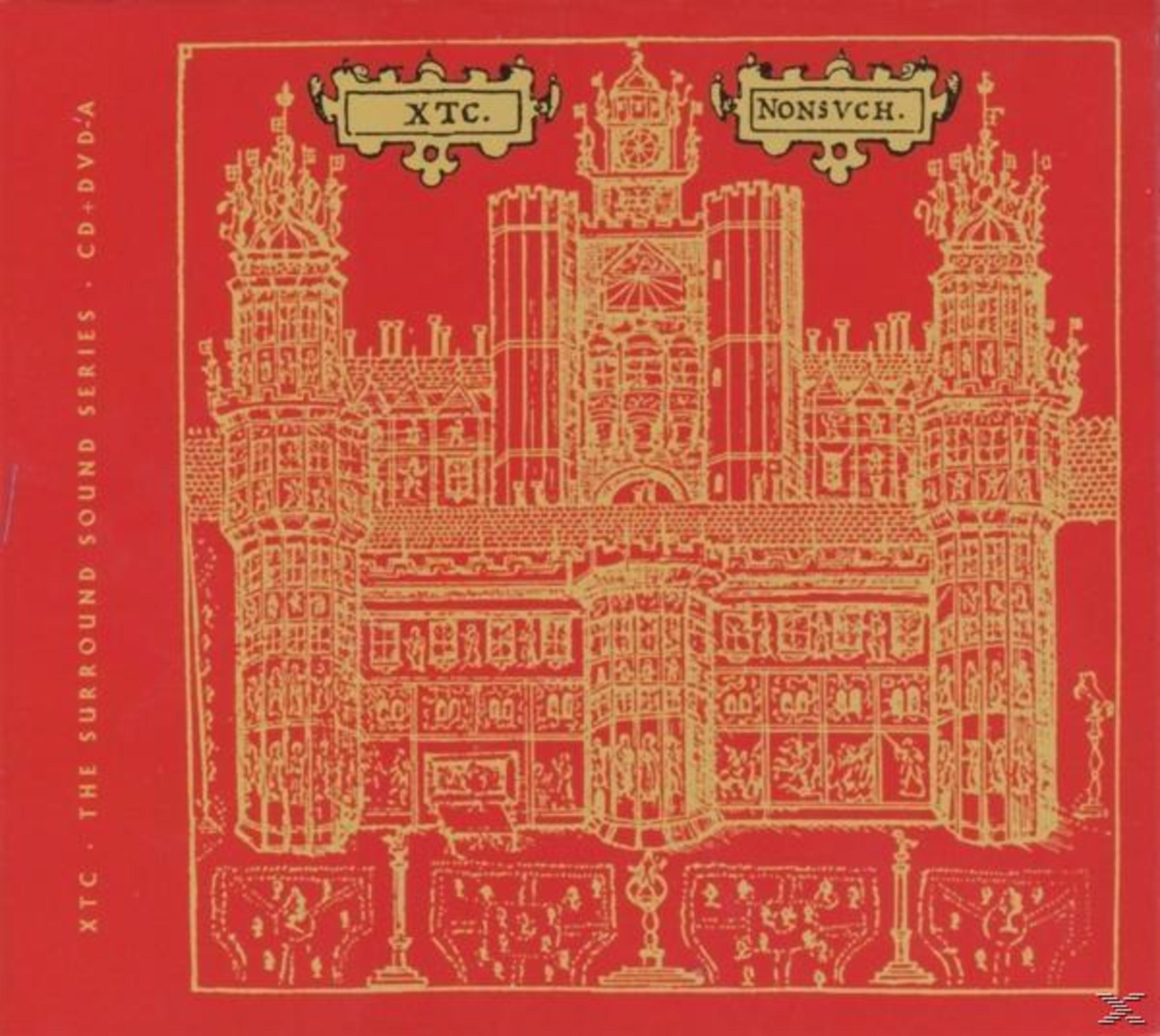 Red album cover with a gold castle illustration. Text includes "XTC" and "Nonsuch." The text "CD+DVD-A" is also present.