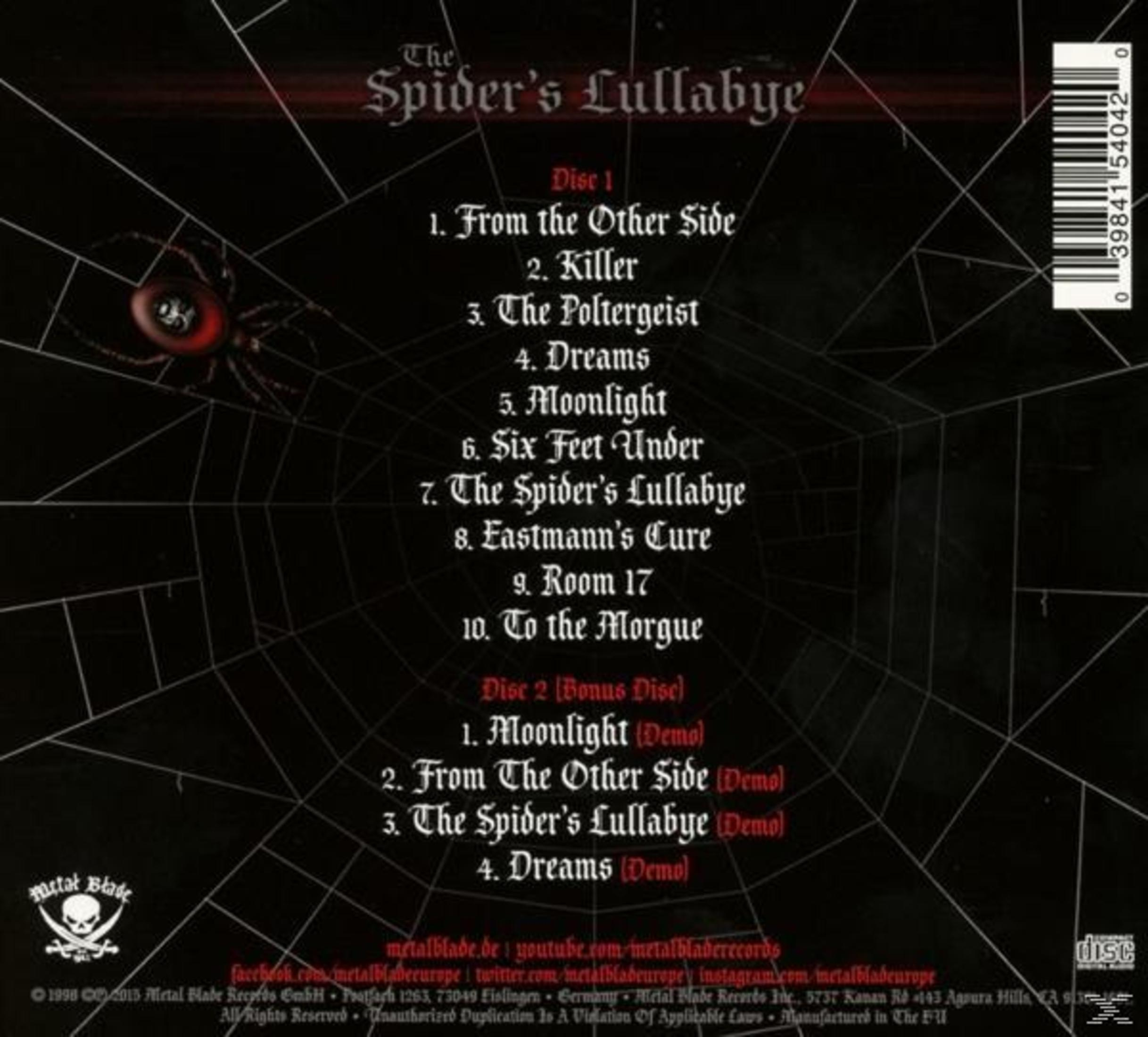 Copertina dell'album con design a ragnatela, ragno ed elenco tracce. Il titolo dell'album è The Spider's Lullabye.