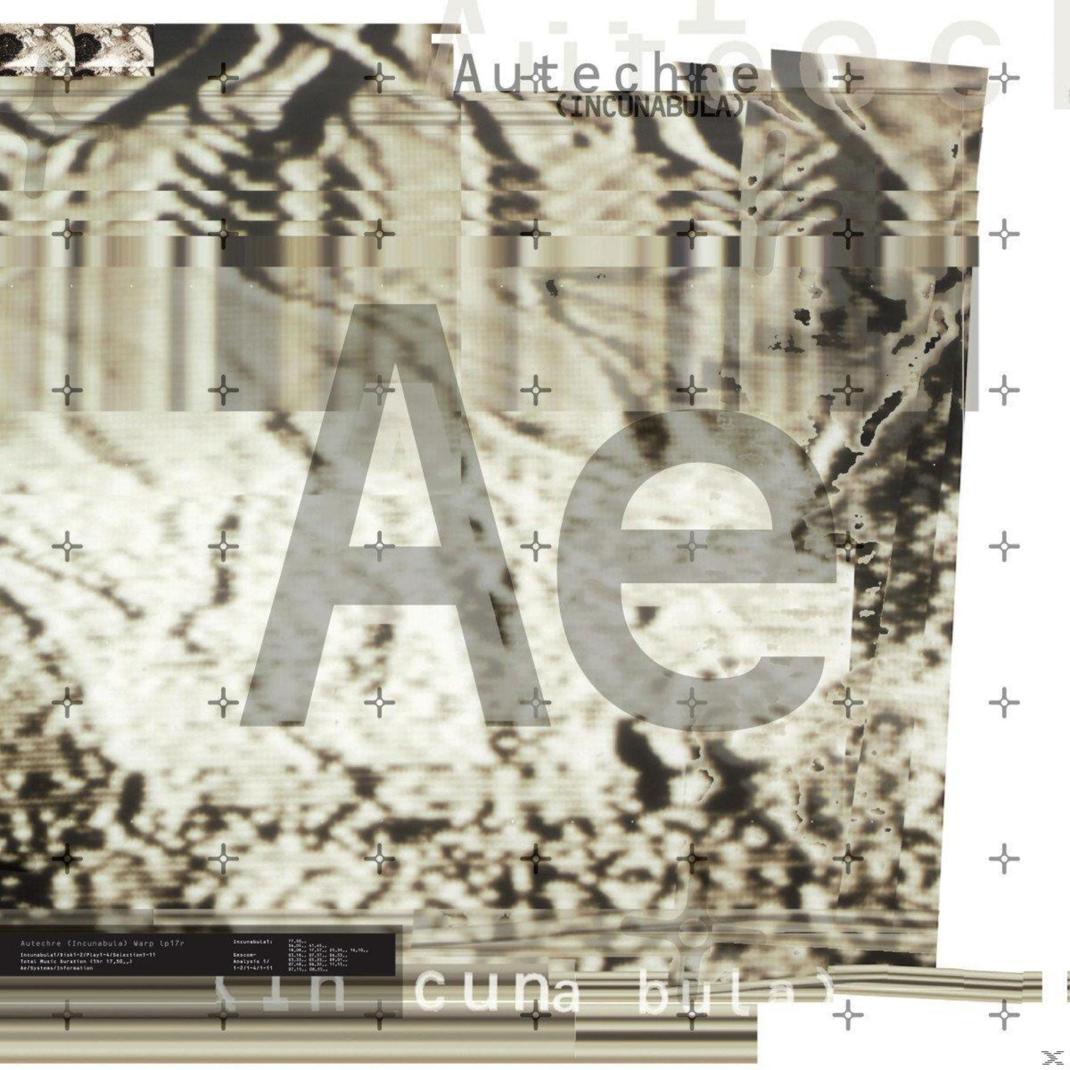 Abstraktes Bild mit Text 'Autechre (Incunabula)' und großem 'Ae'. Überlagert mit Kreuzsymbolen und strukturiertem Hintergrund.