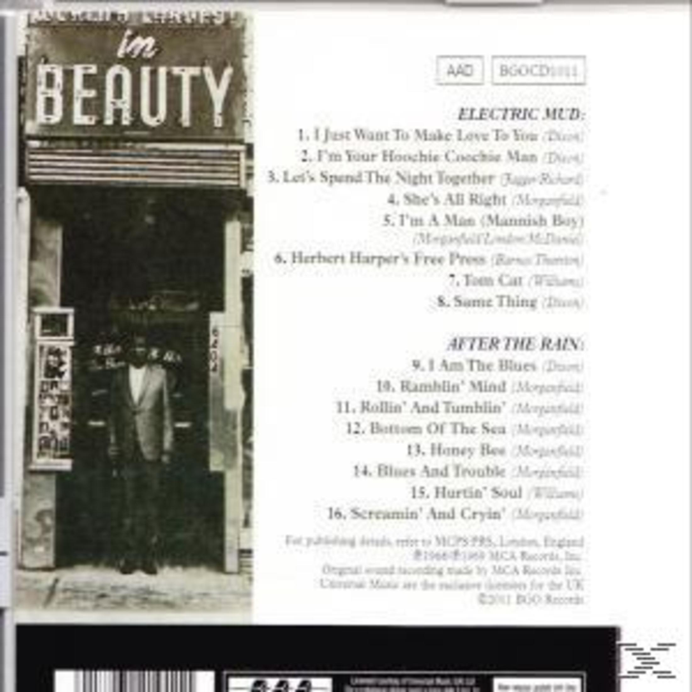 Albumcover für Electric Mud. Zeigt den Titel 'in BEAUTY' und einen Mann im Anzug. Titelliste ist sichtbar.