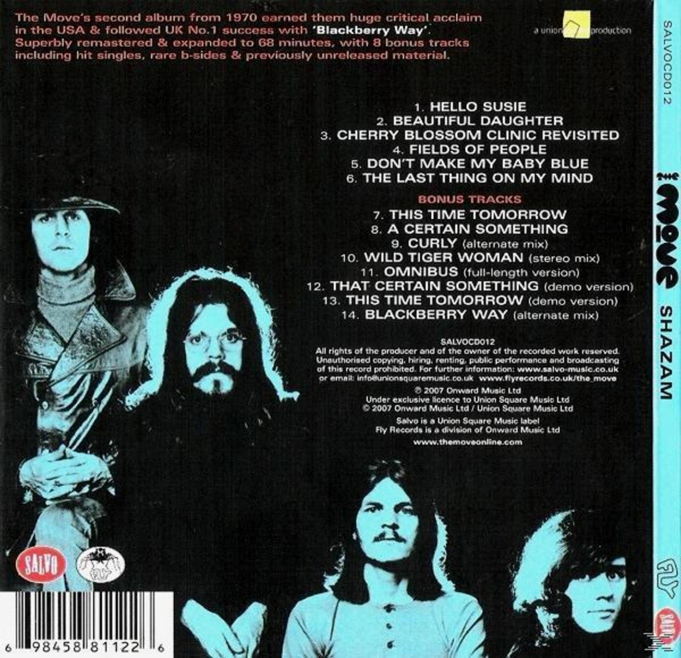 Albumcover: The Move, Gesichter der Bandmitglieder. Albumtitel und Titelliste sind sichtbar. Farbgebung: Cyan und Schwarz.