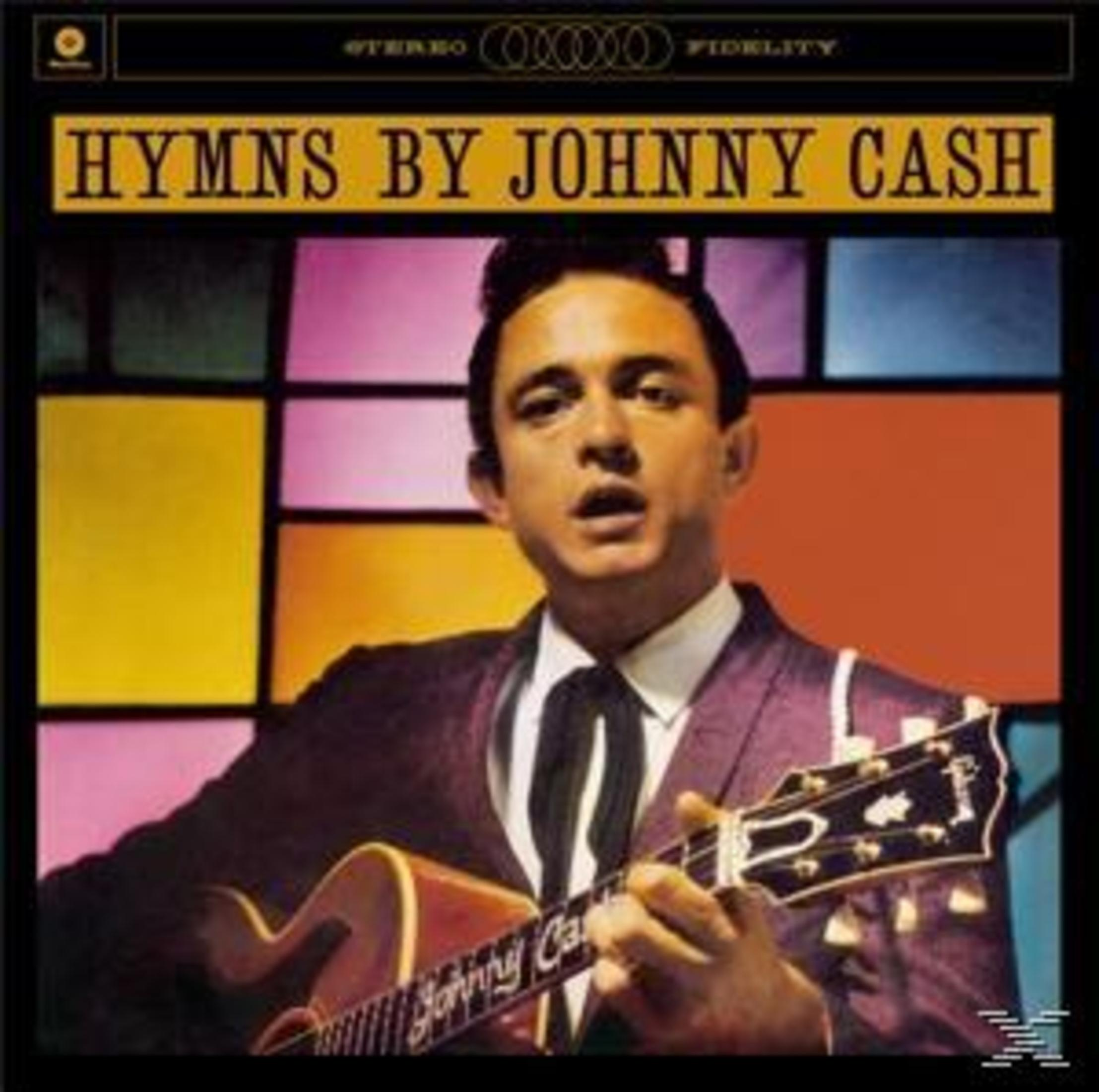 Albumhoes van Johnny Cash die gitaar speelt. Titel: Hymns By Johnny Cash. Achtergrond: kleurrijke vierkante panelen. Zwarte stropdas en pak.