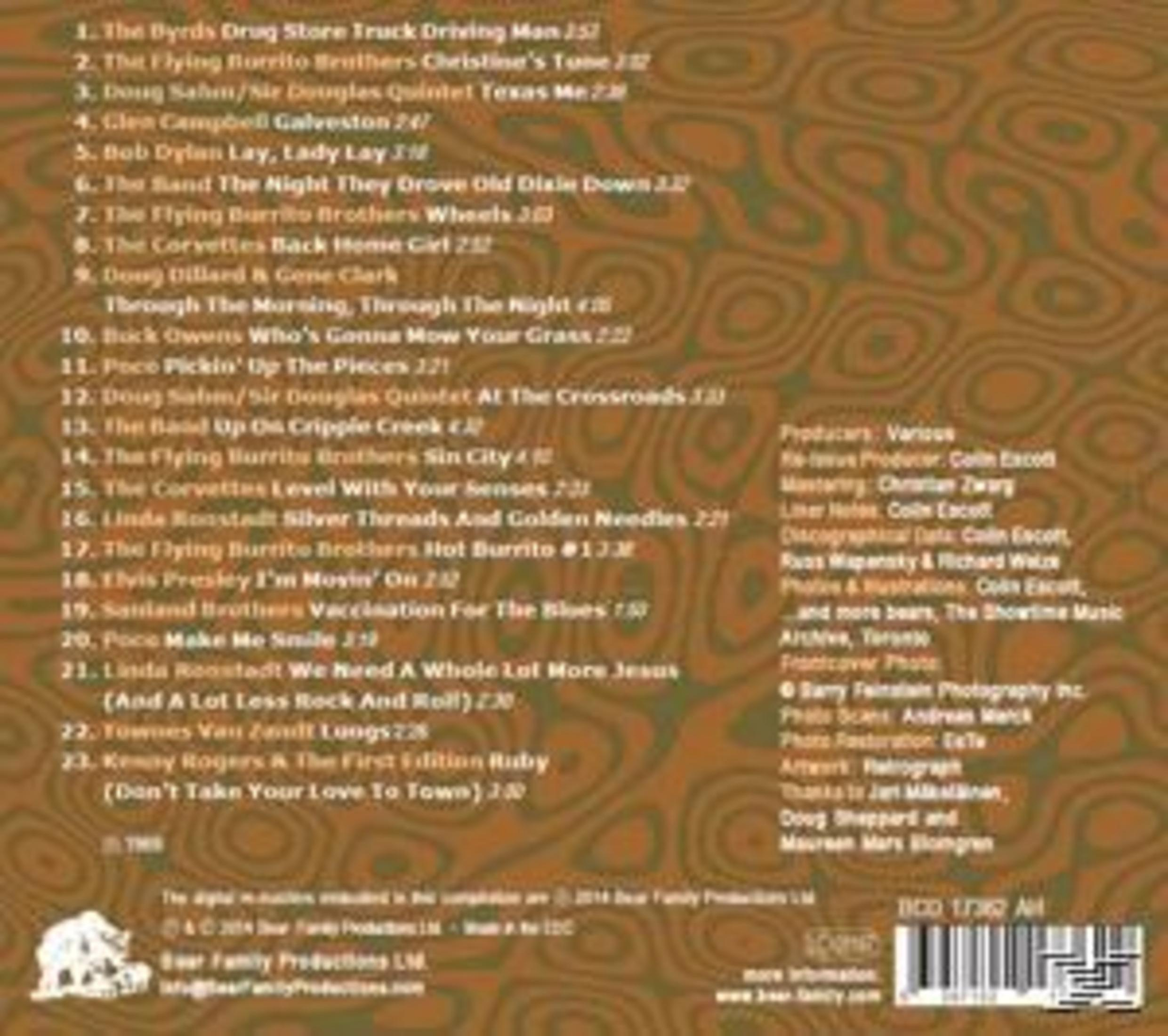Albumcover mit Titelliste und Credits auf braunem, gemusterten Hintergrund. Der Text ist weiß. Der Albumtitel ist nicht sichtbar.