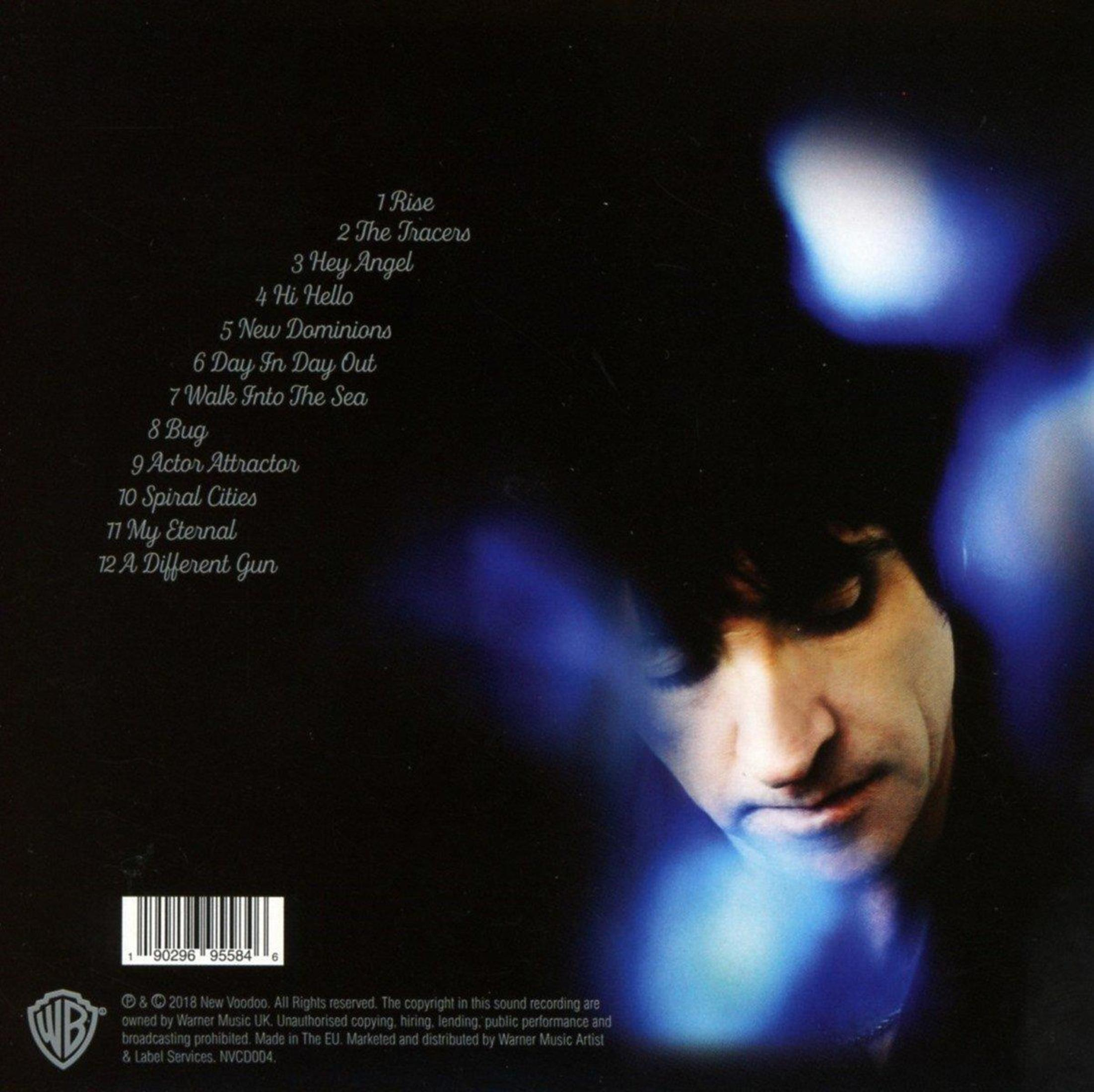 Albumcover mit teilweise sichtbarem Gesicht. Text listet Songtitel und Copyright-Informationen auf. Dunkelblauer und schwarzer Hintergrund.