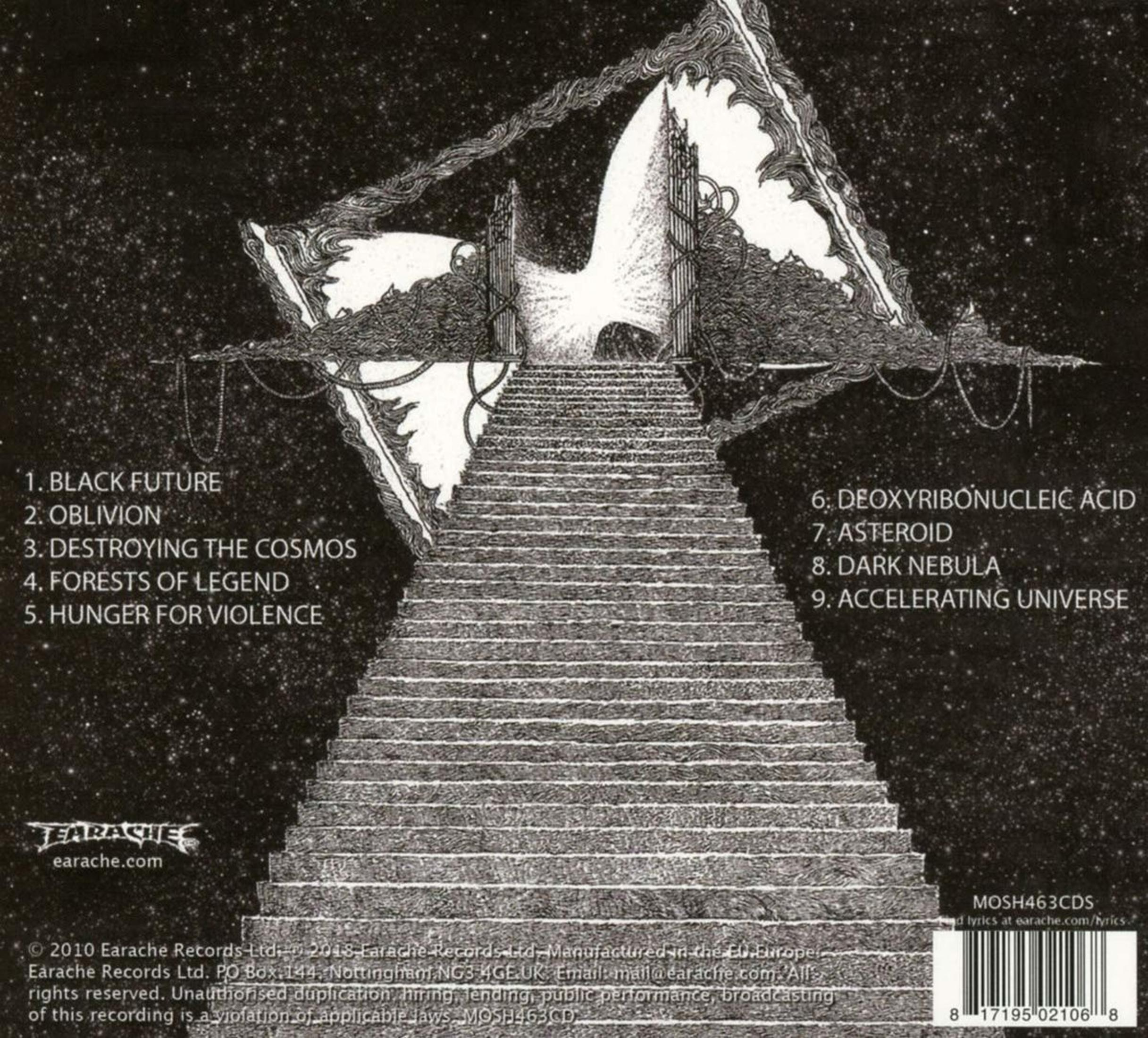 Schwarz-weißes Albumcover. Eine Treppe führt zu einem Tor im Weltraum. Text enthält Songtitel und das Earache Records-Logo.