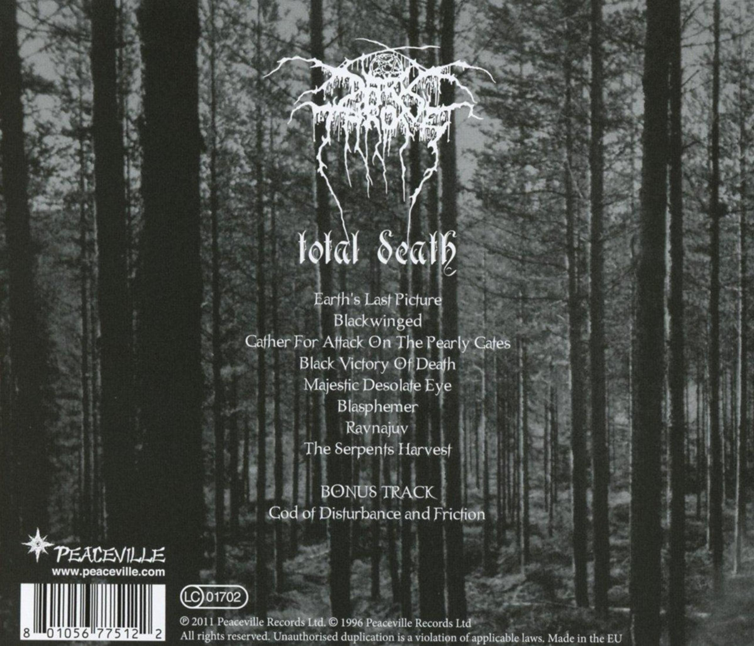 Albumcover mit Waldbild und Text: Total Death, Titelliste, Peaceville-Logo und Copyright-Informationen.