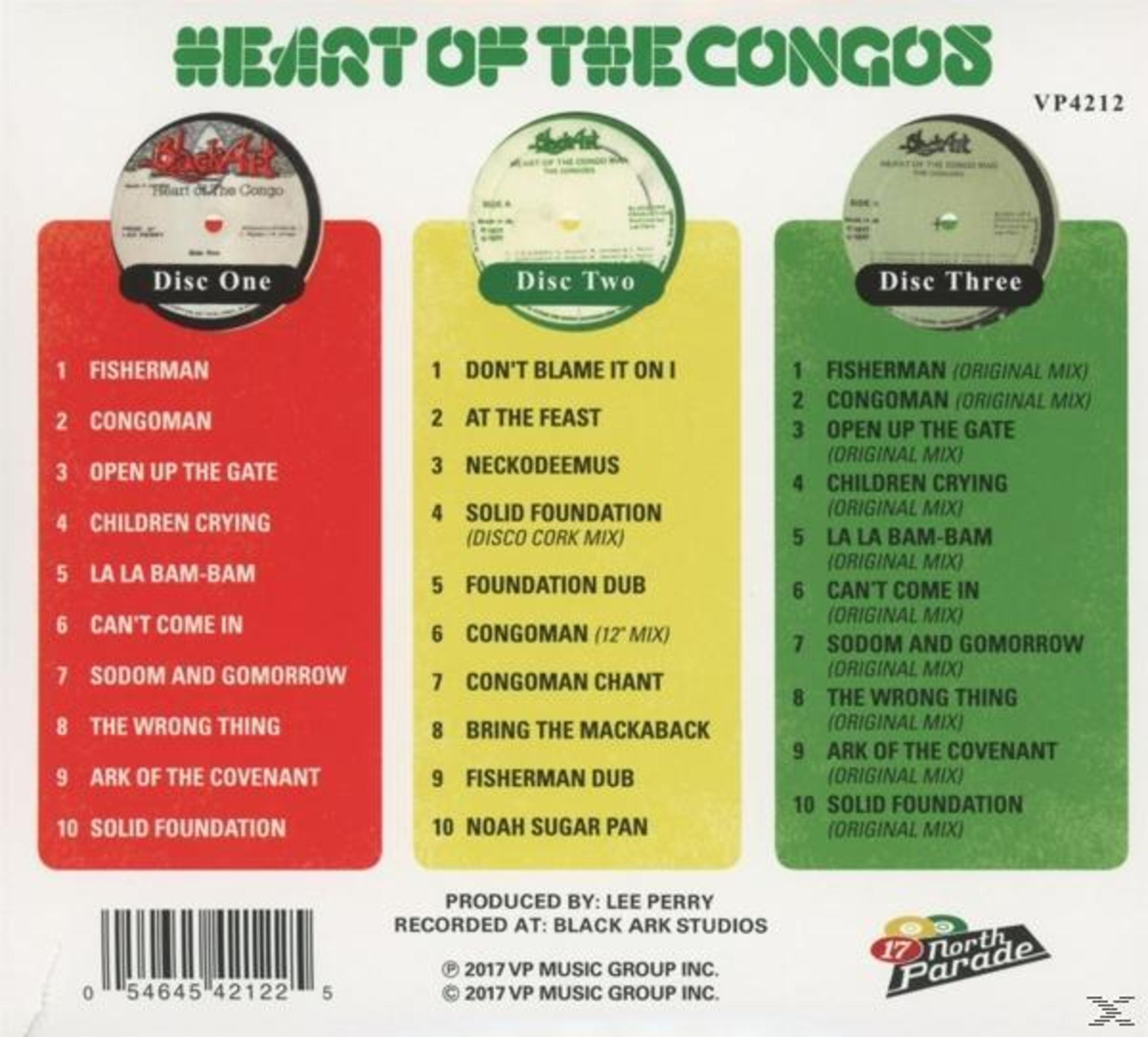 Albumcover mit drei farbigen Discs, die Songtitel auflisten. Oben steht 'Heart of the Congos'.